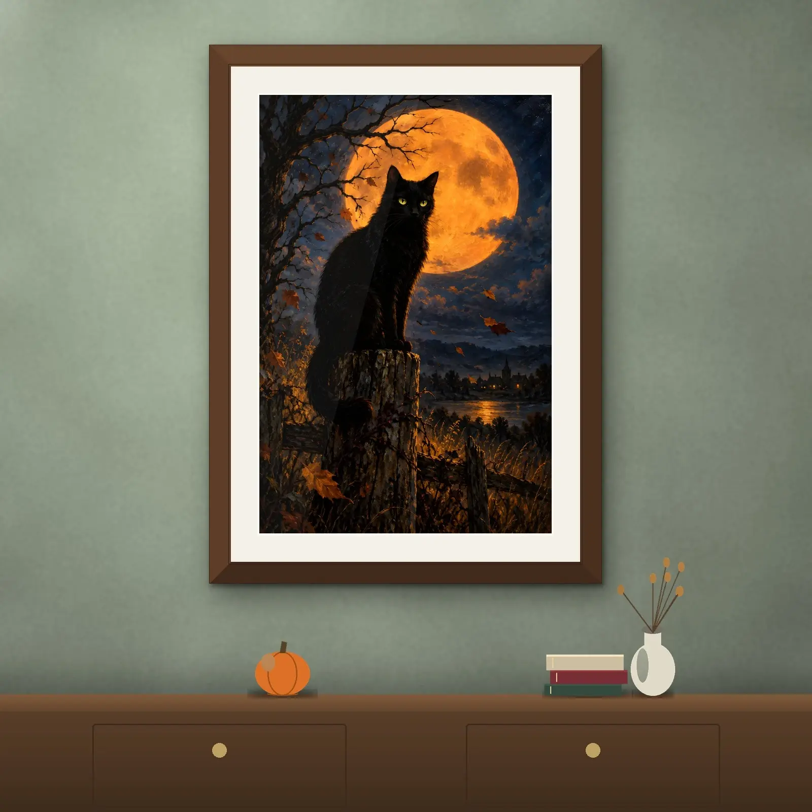 Black Cat on a Garden Fence Under the Harvest Moon Printable Halloween Art Print, preview 2 of 4