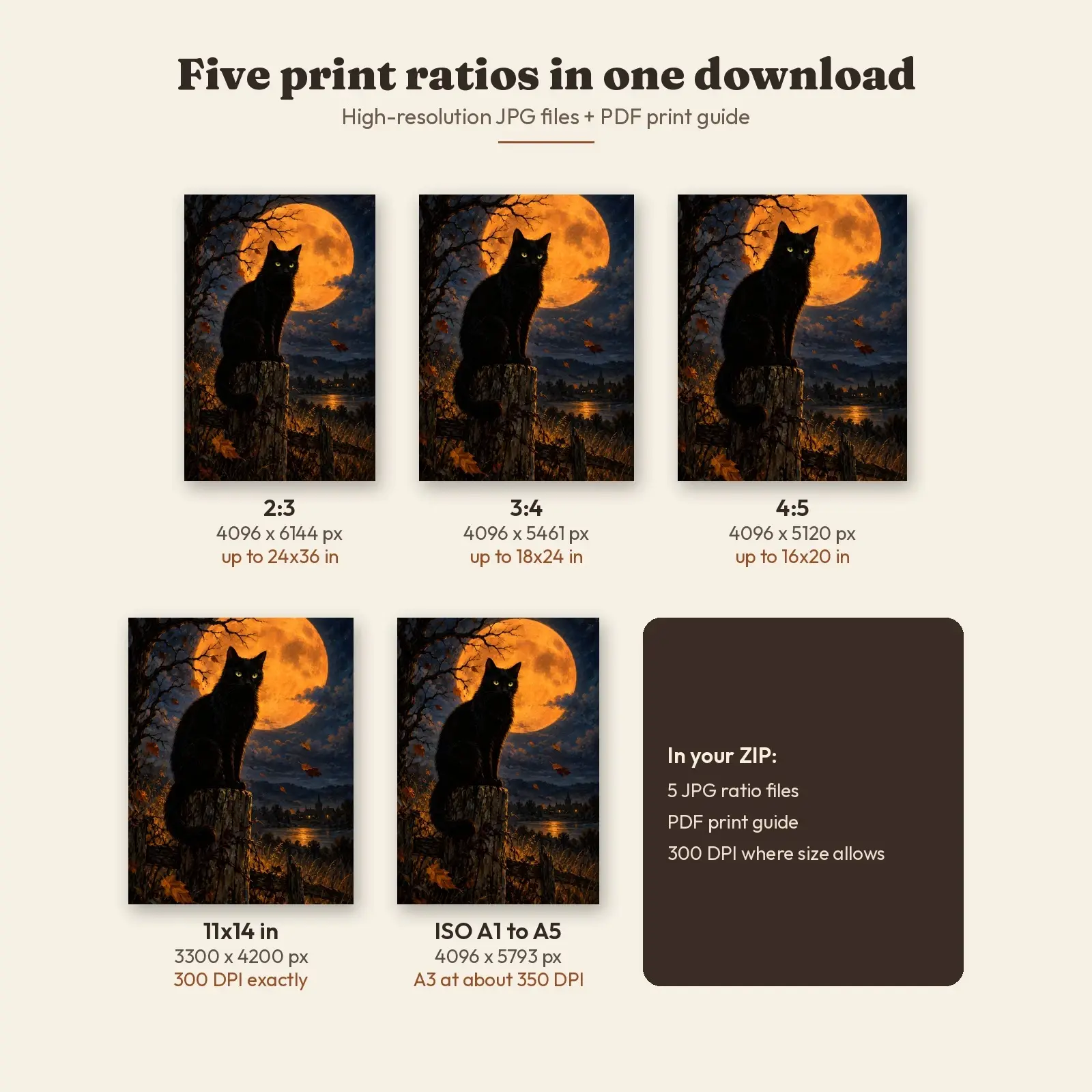Black Cat on a Garden Fence Under the Harvest Moon Printable Halloween Art Print, preview 3 of 4