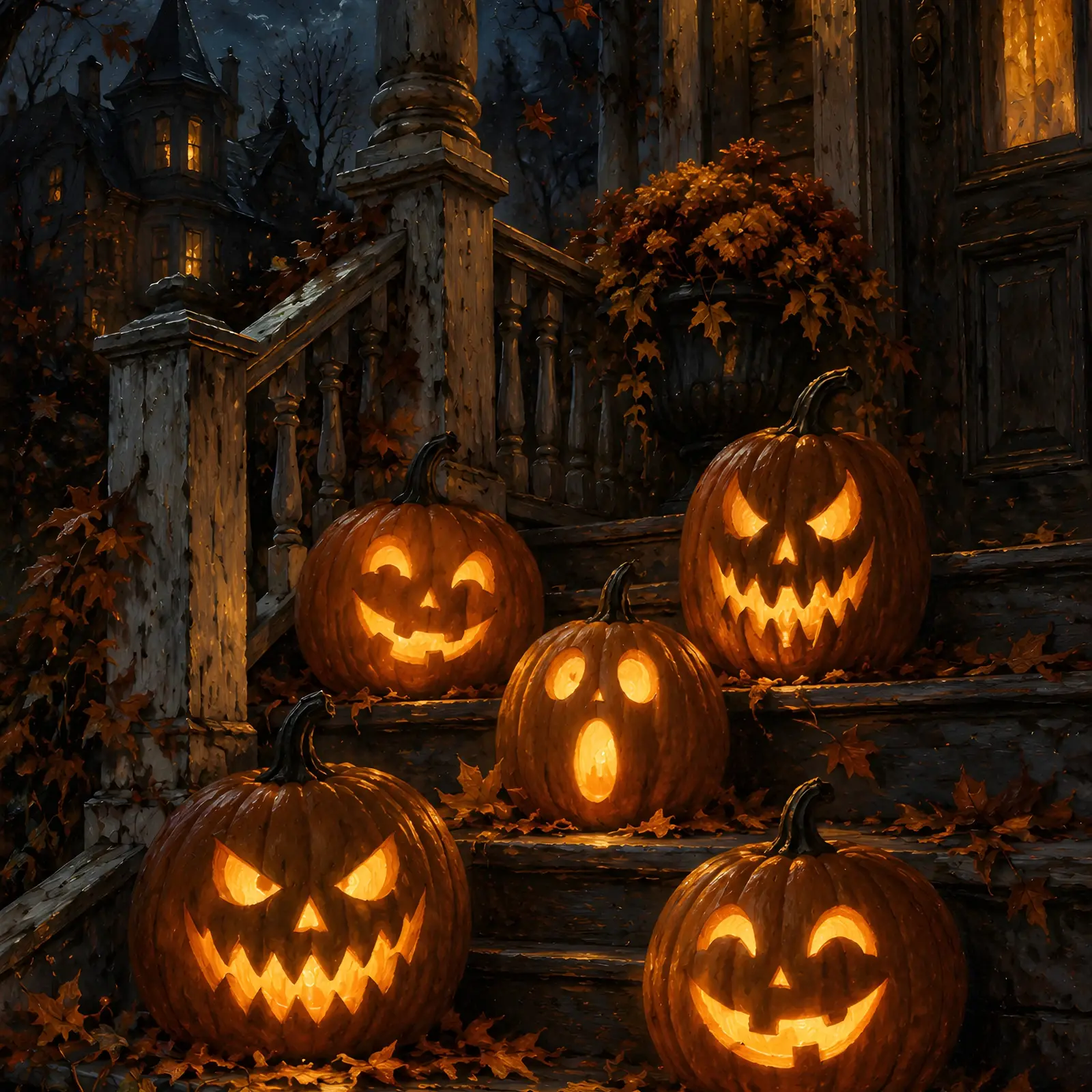 Row of Glowing Jack-o'-Lanterns on Porch Steps Printable Halloween Painting preview