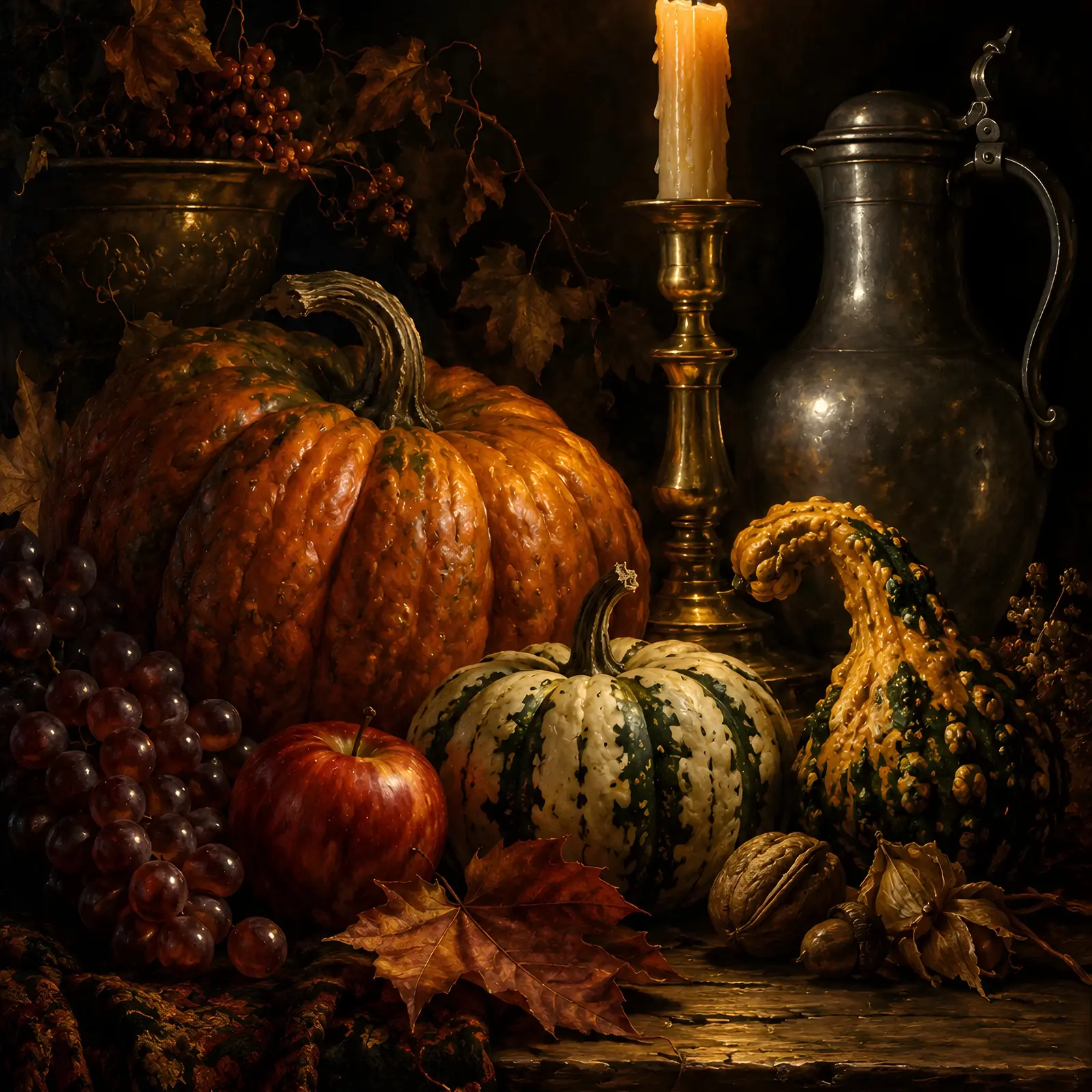 Candlelit Gourd and Pumpkin Still Life Printable Art, Dark Old Master Style Autumn Painting, preview 1 of 4