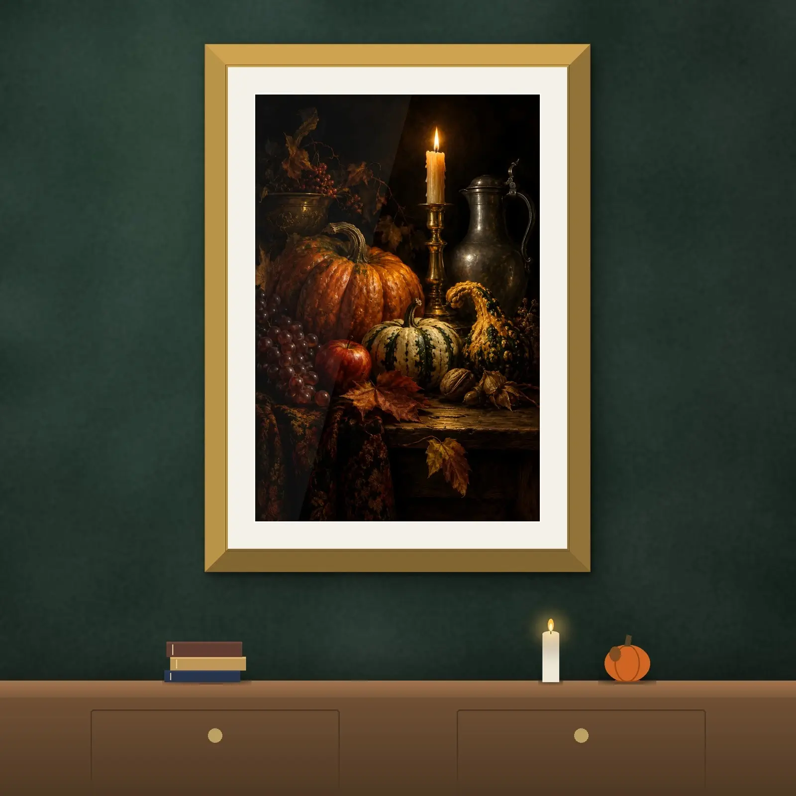 Candlelit Gourd and Pumpkin Still Life Printable Art, Dark Old Master Style Autumn Painting, preview 2 of 4