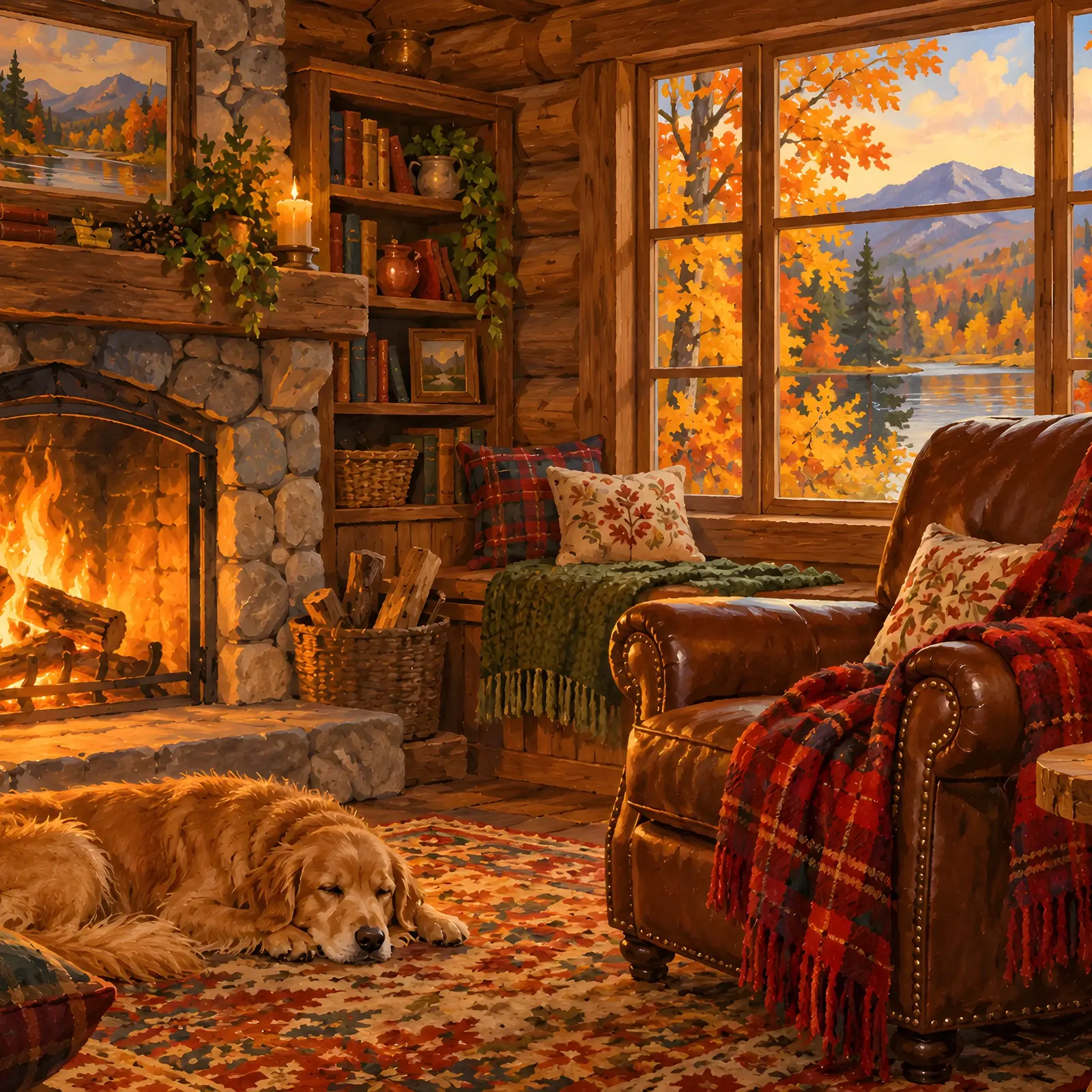 Cozy Cabin Interior with Fireplace and Plaid Blanket Printable Art, Warm Autumn Painting preview