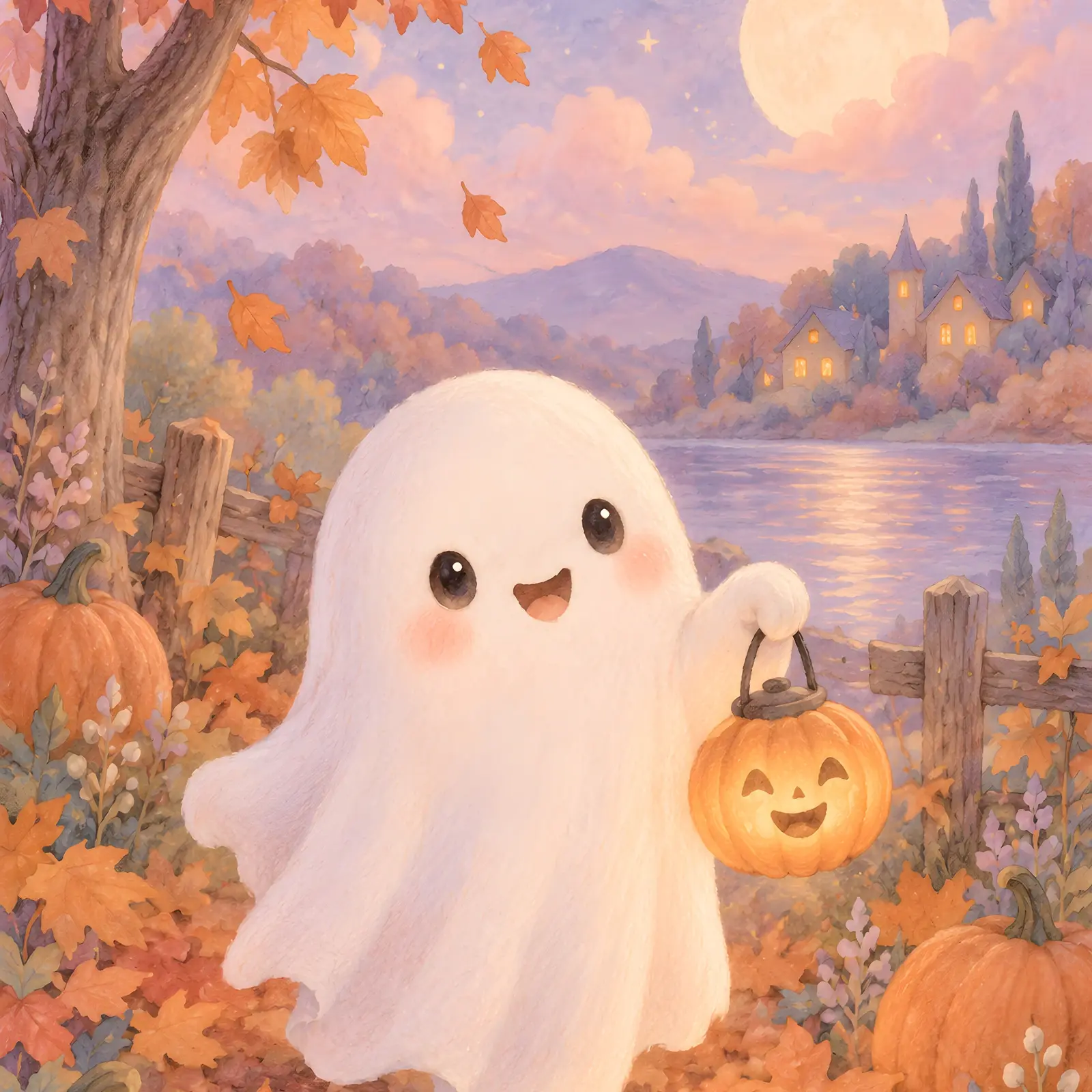 Friendly Little Ghost with Pumpkin Printable Nursery Art, Soft Pastel Halloween Print preview