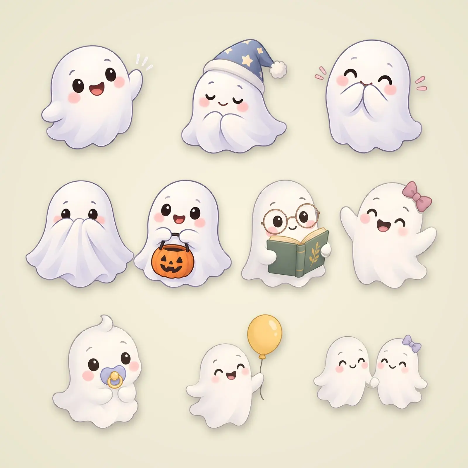 Smiling Ghost Gang Clip Art – 12 Cute Flat PNG Ghosts for Halloween preview