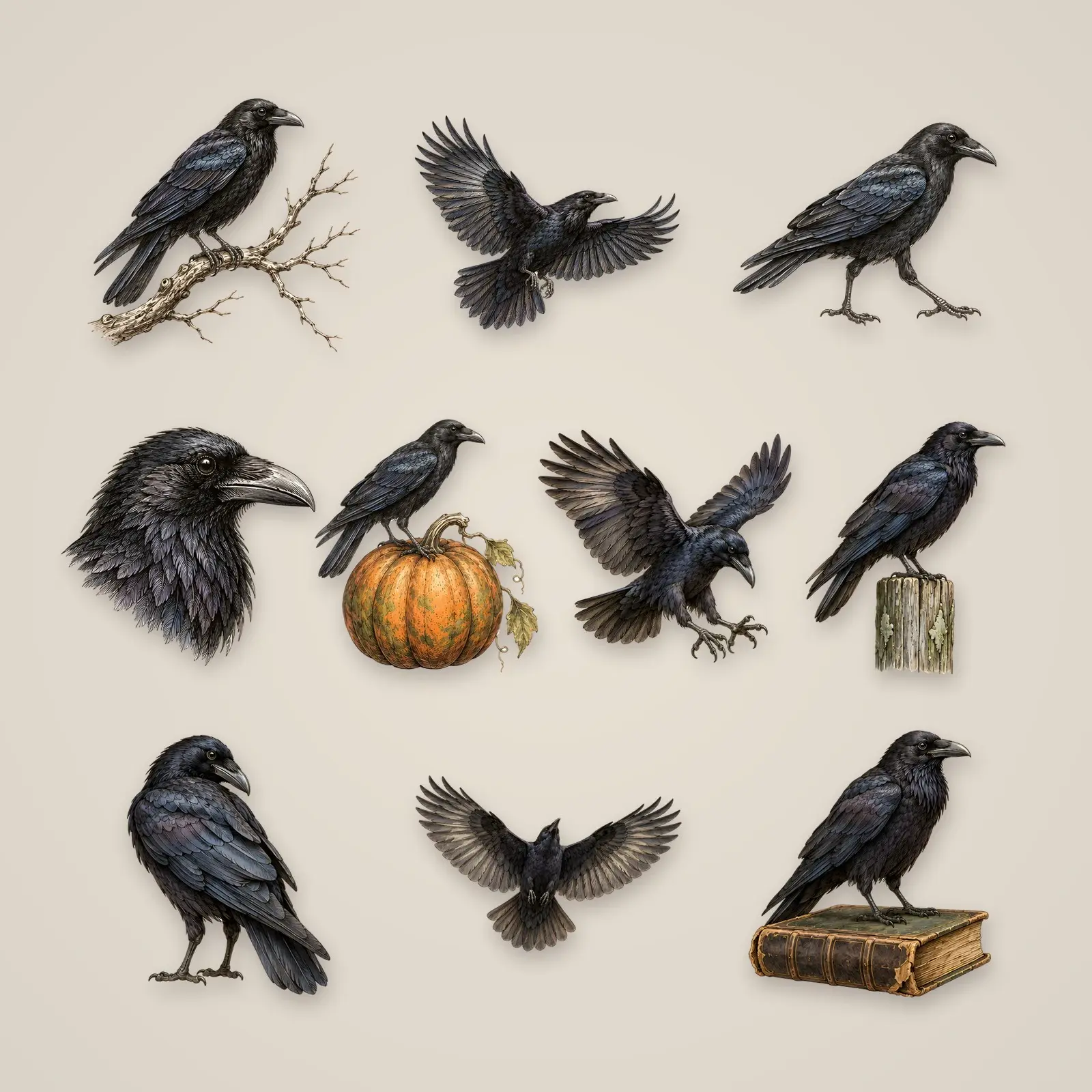 Vintage Engraving Crows and Ravens Clip Art – 12 Antique-Style PNGs preview