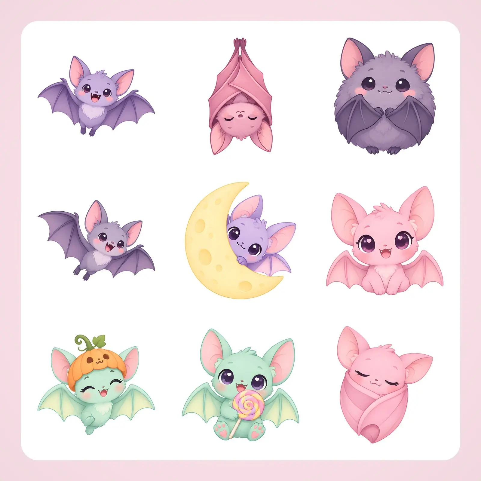 Pastel Cute Bats Clip Art – 12 Kawaii Halloween Bat PNGs preview