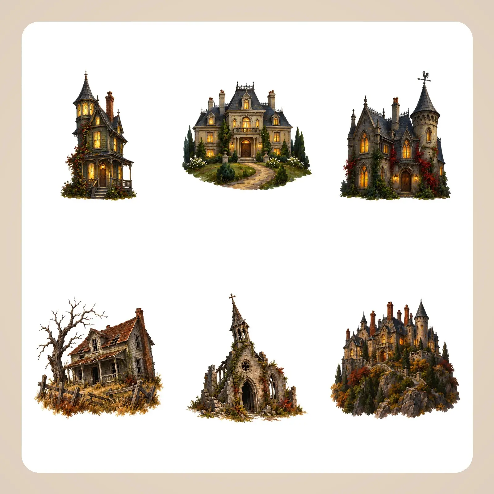 Haunted Houses on the Hill Clip Art – 8 Oil Painted PNG Scenes preview