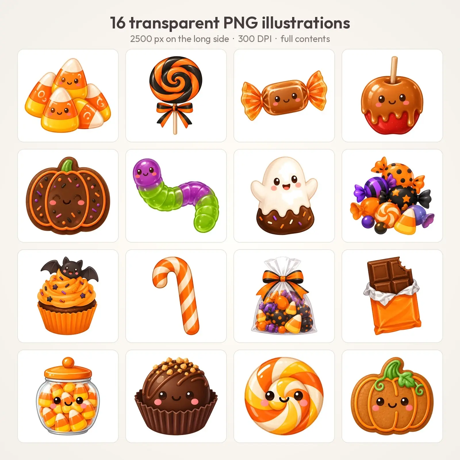 Candy Corn and Halloween Sweets Clip Art – 16 Flat Cute PNG Treats, preview 2 of 4