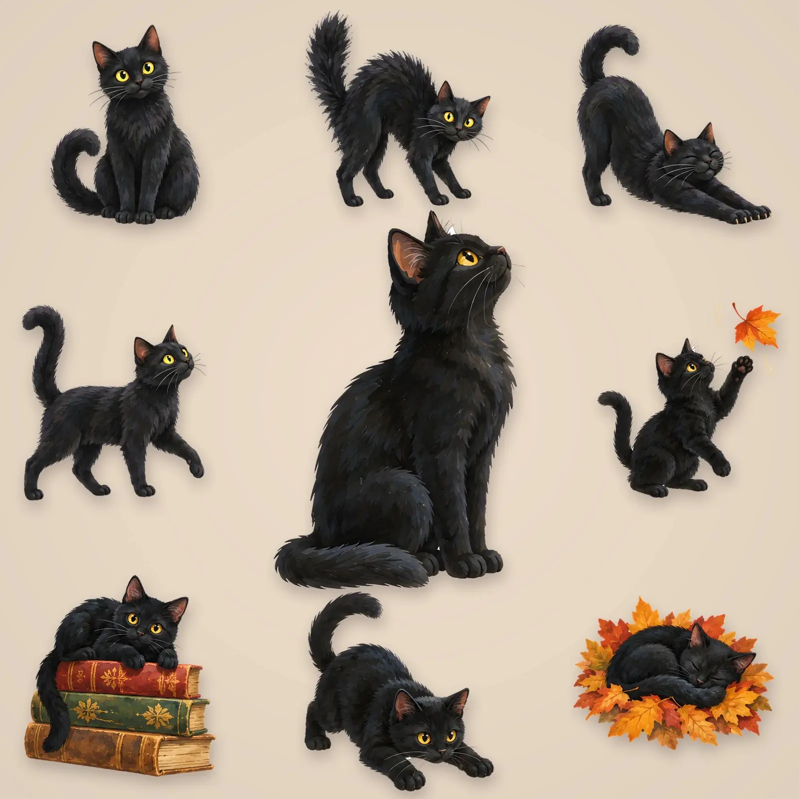 Black Cat Moods Clip Art – 12 Gouache Cats on Transparent Backgrounds preview