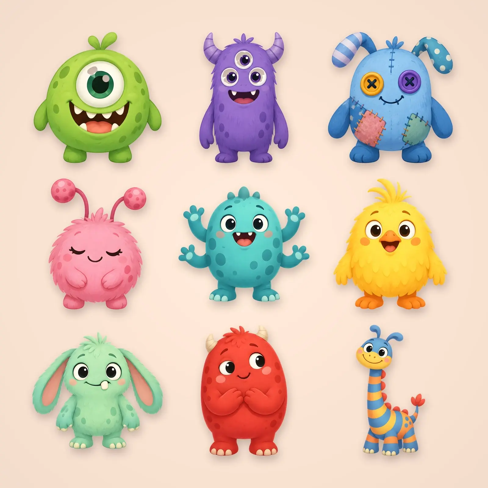 Friendly Patchwork Monsters Clip Art – 12 Cute Flat Halloween Characters preview