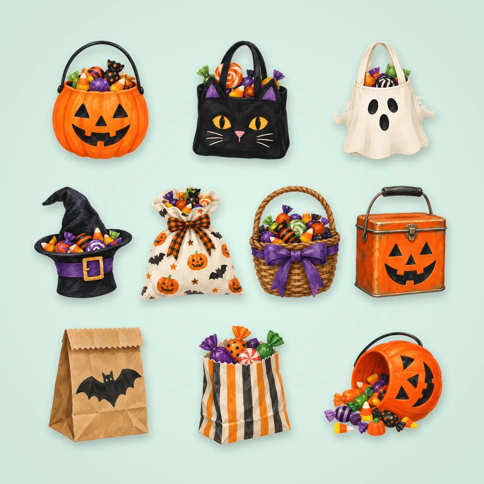 Trick-or-Treat Pails and Bags Clip Art – 10 Gouache Halloween PNGs preview