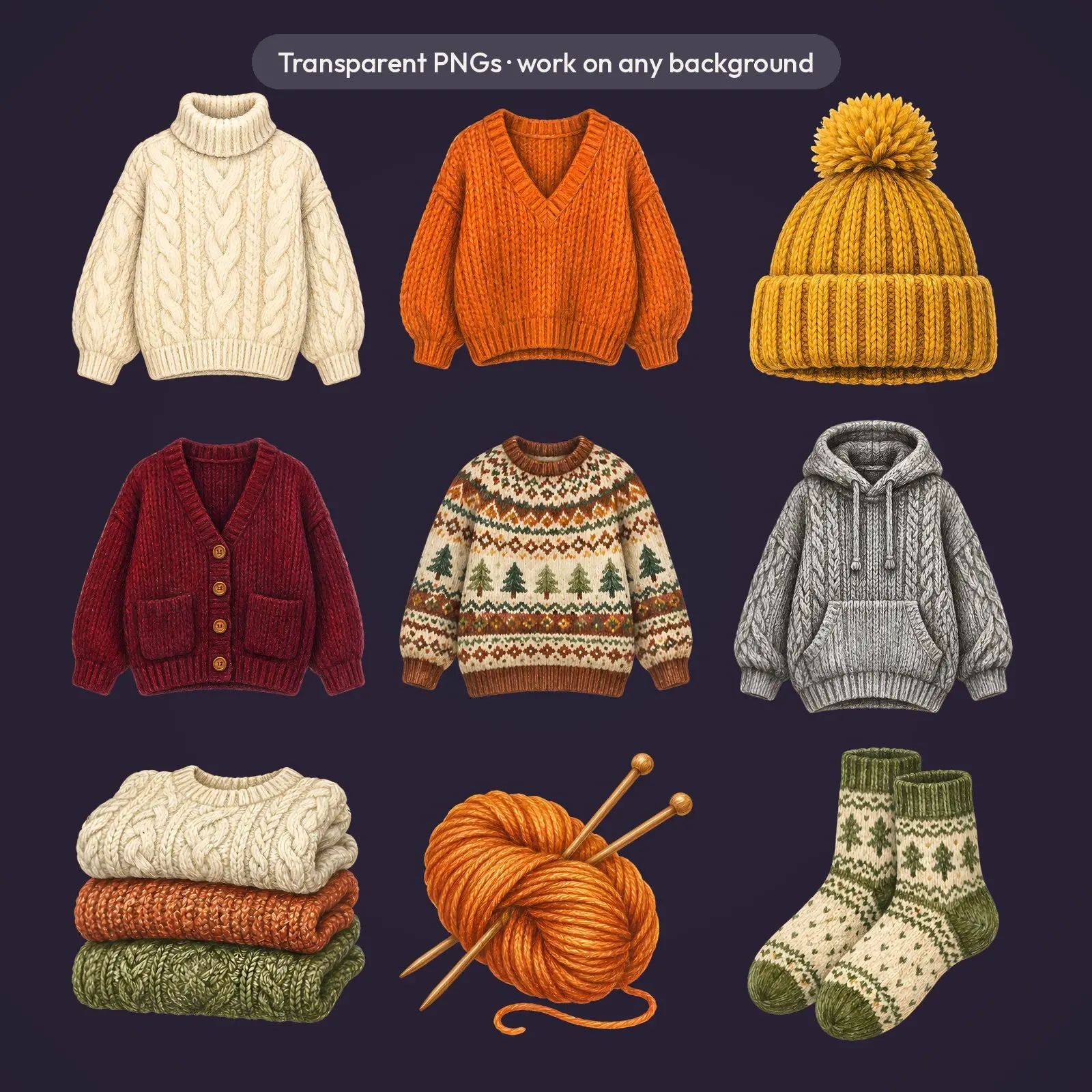 Chunky Knit Sweaters and Scarves Clip Art – 12 Colored Pencil Cozy PNGs, preview 4 of 4
