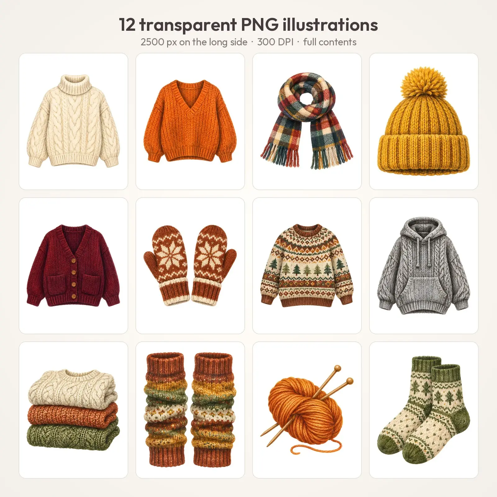 Chunky Knit Sweaters and Scarves Clip Art – 12 Colored Pencil Cozy PNGs, preview 2 of 4