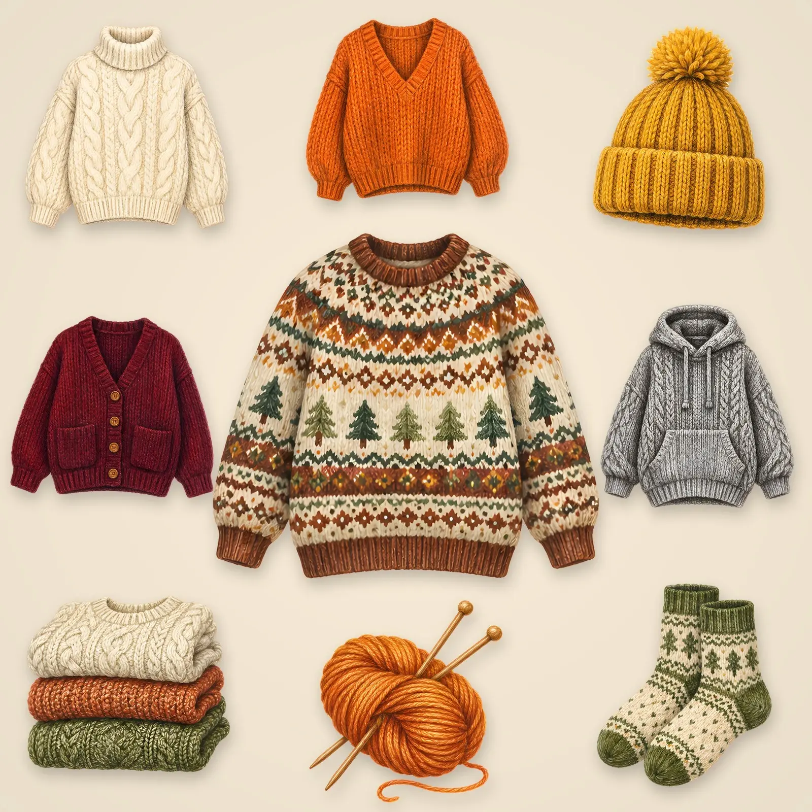 Chunky Knit Sweaters and Scarves Clip Art – 12 Colored Pencil Cozy PNGs, preview 1 of 4