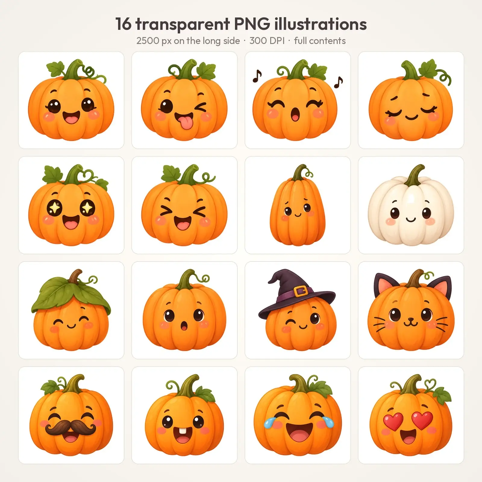 Kawaii Pumpkin Faces Clip Art – 16 Flat Cute Smiling Pumpkins, preview 2 of 4