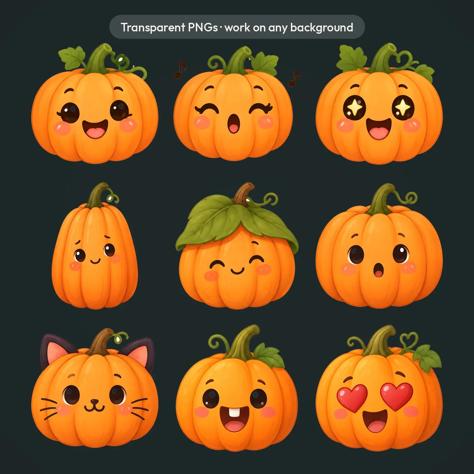 Kawaii Pumpkin Faces Clip Art – 16 Flat Cute Smiling Pumpkins, preview 4 of 4