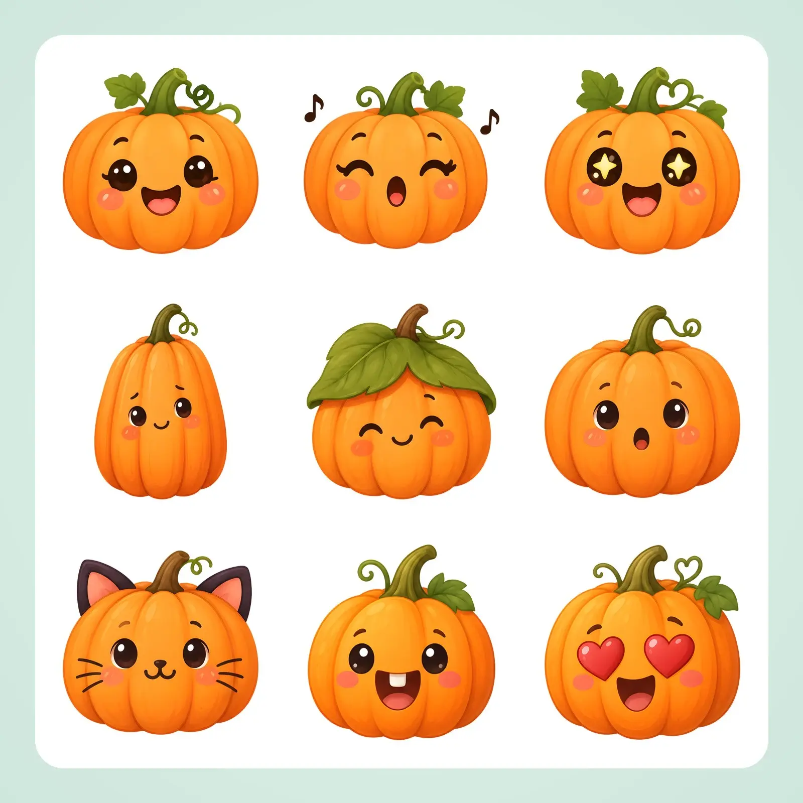 Kawaii Pumpkin Faces Clip Art – 16 Flat Cute Smiling Pumpkins, preview 1 of 4