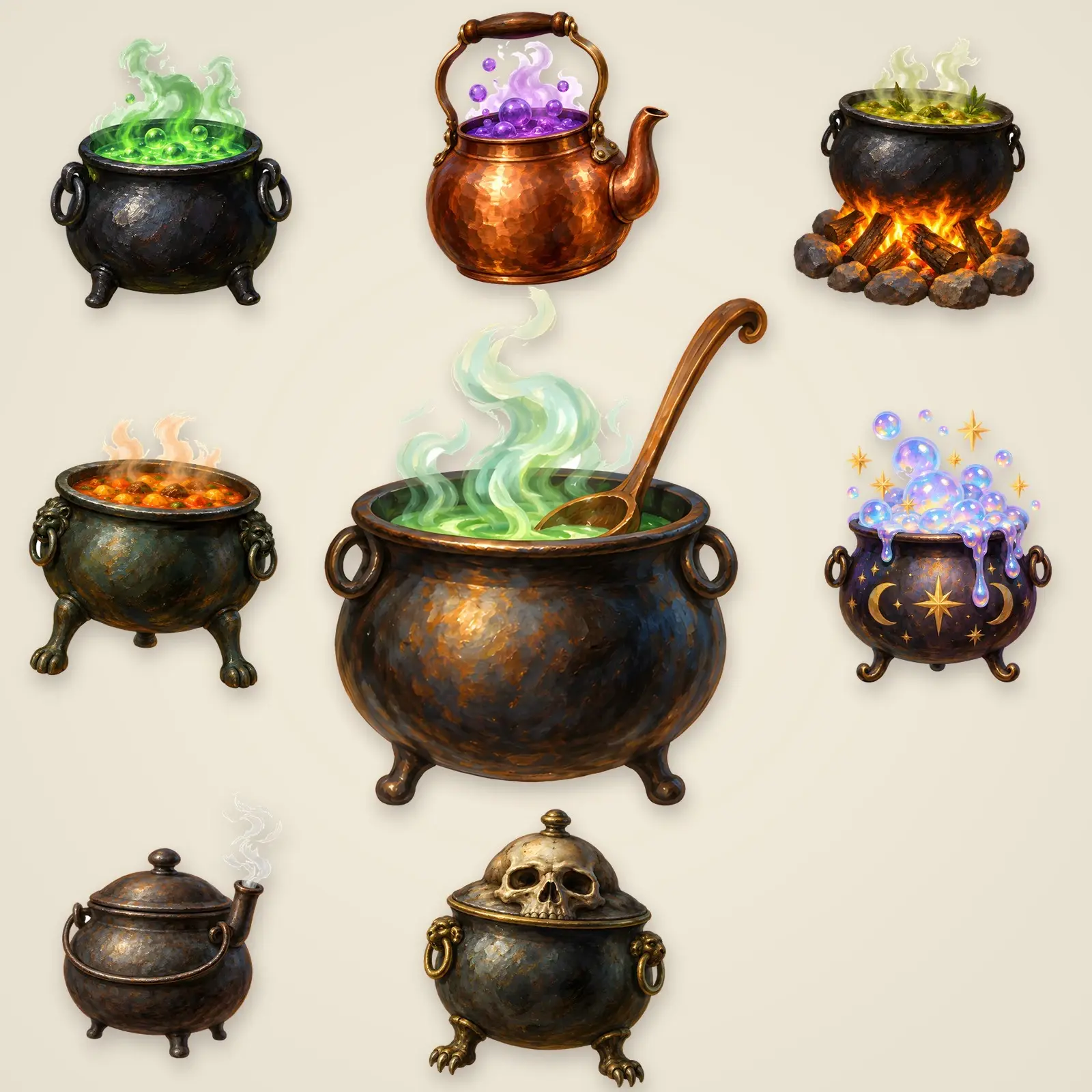 Witch's Cauldrons and Brews Clip Art – 8 Oil Painted Bubbling Pots preview