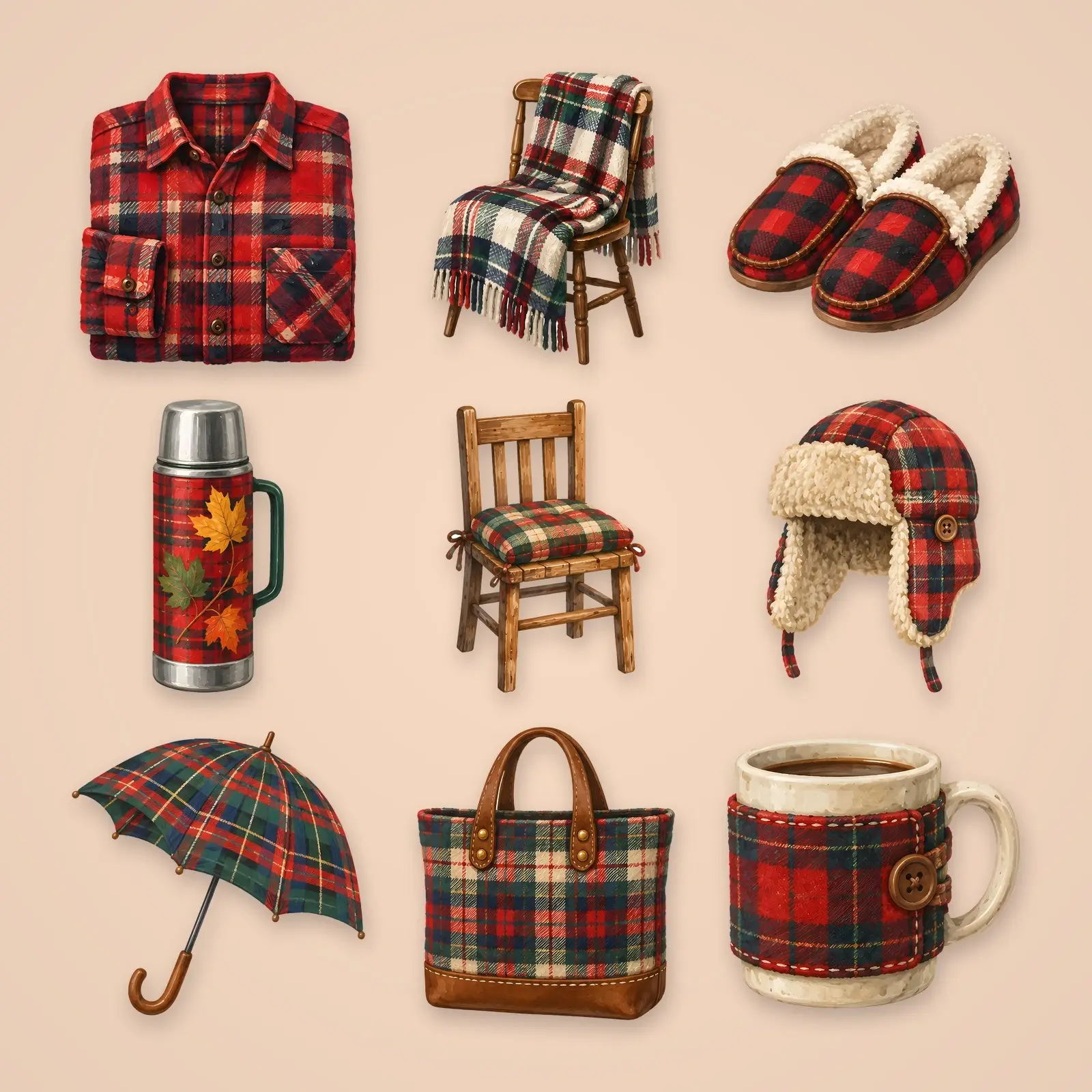 Plaid and Flannel Cozy Objects Clip Art – 12 Gouache Cabin Style PNGs preview