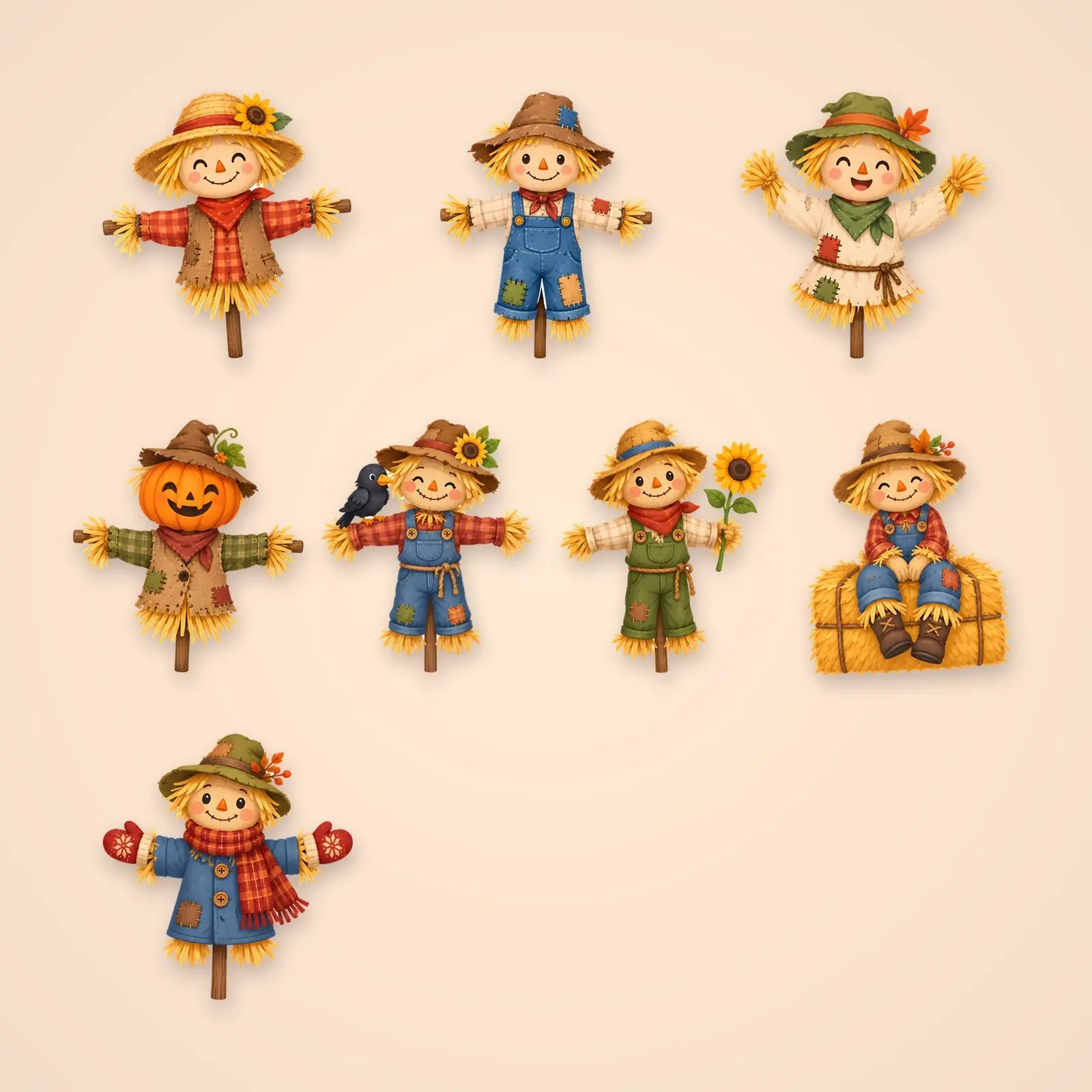 Friendly Scarecrow Classroom Clip Art – 8 Flat Cute Scarecrow Characters preview