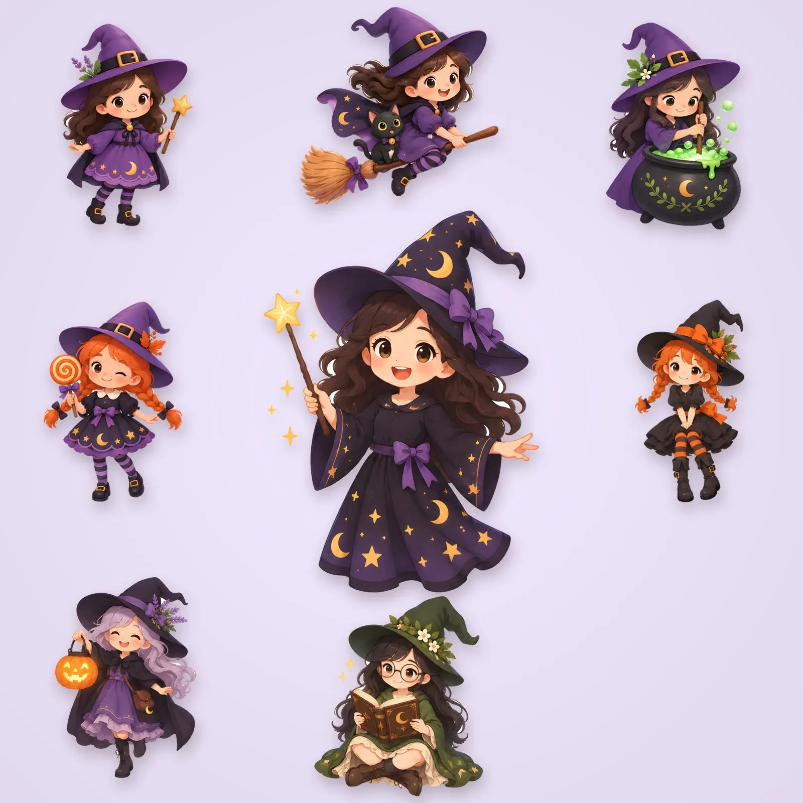 Tiny Witches and Brooms Clip Art – 8 Cute Flat Witch Characters preview