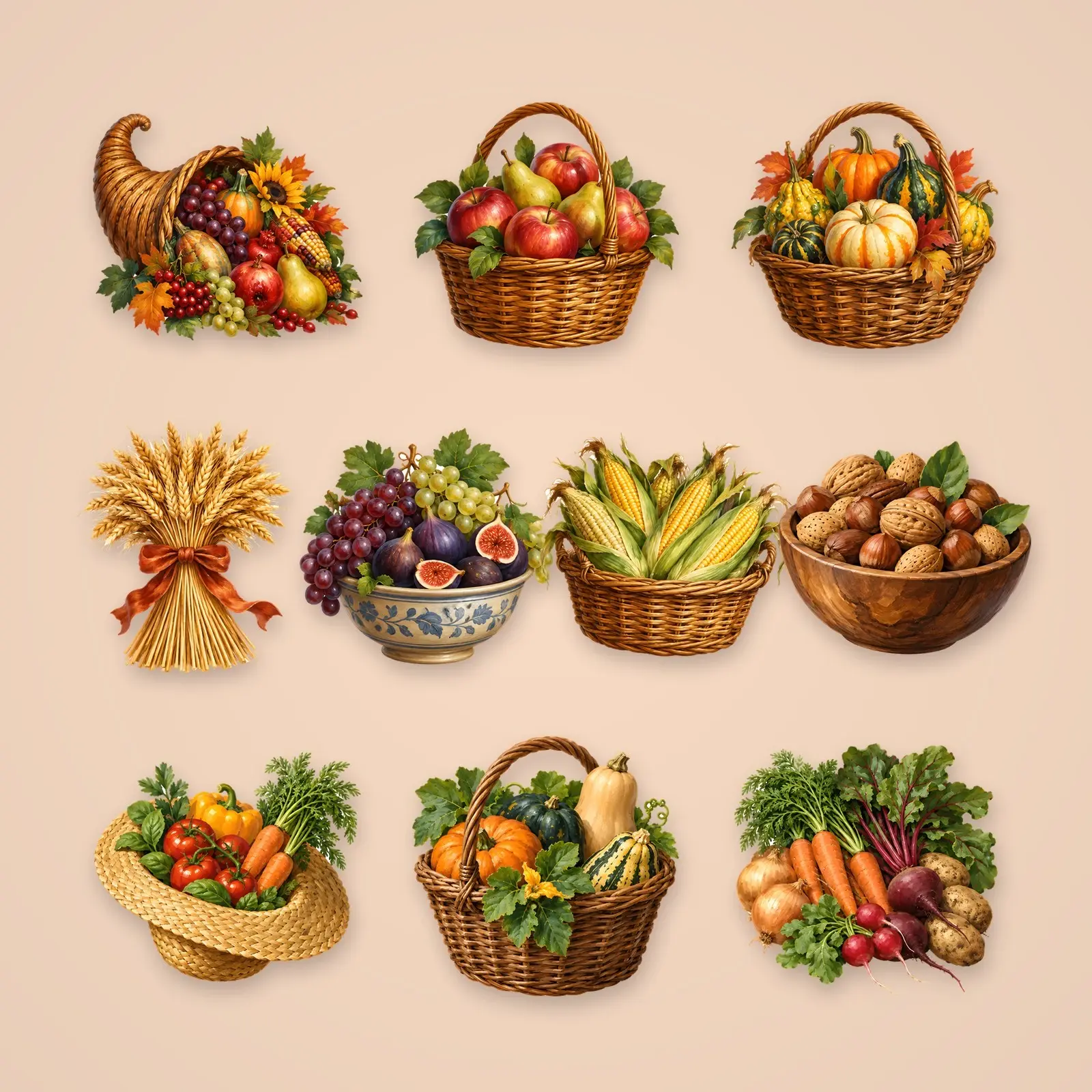 Harvest Baskets and Cornucopias Clip Art – 10 Oil Painted Thanksgiving PNGs preview