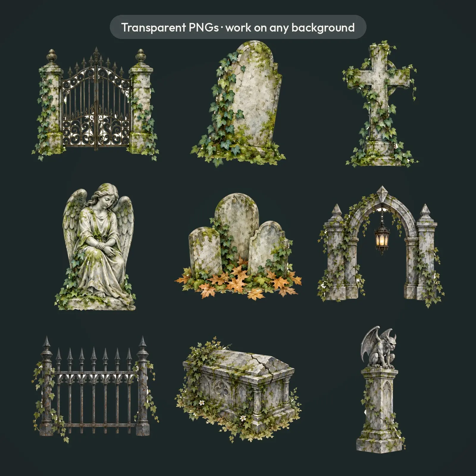 Graveyard Gates and Old Stones Clip Art – 10 Watercolor Halloween PNGs, preview 4 of 4