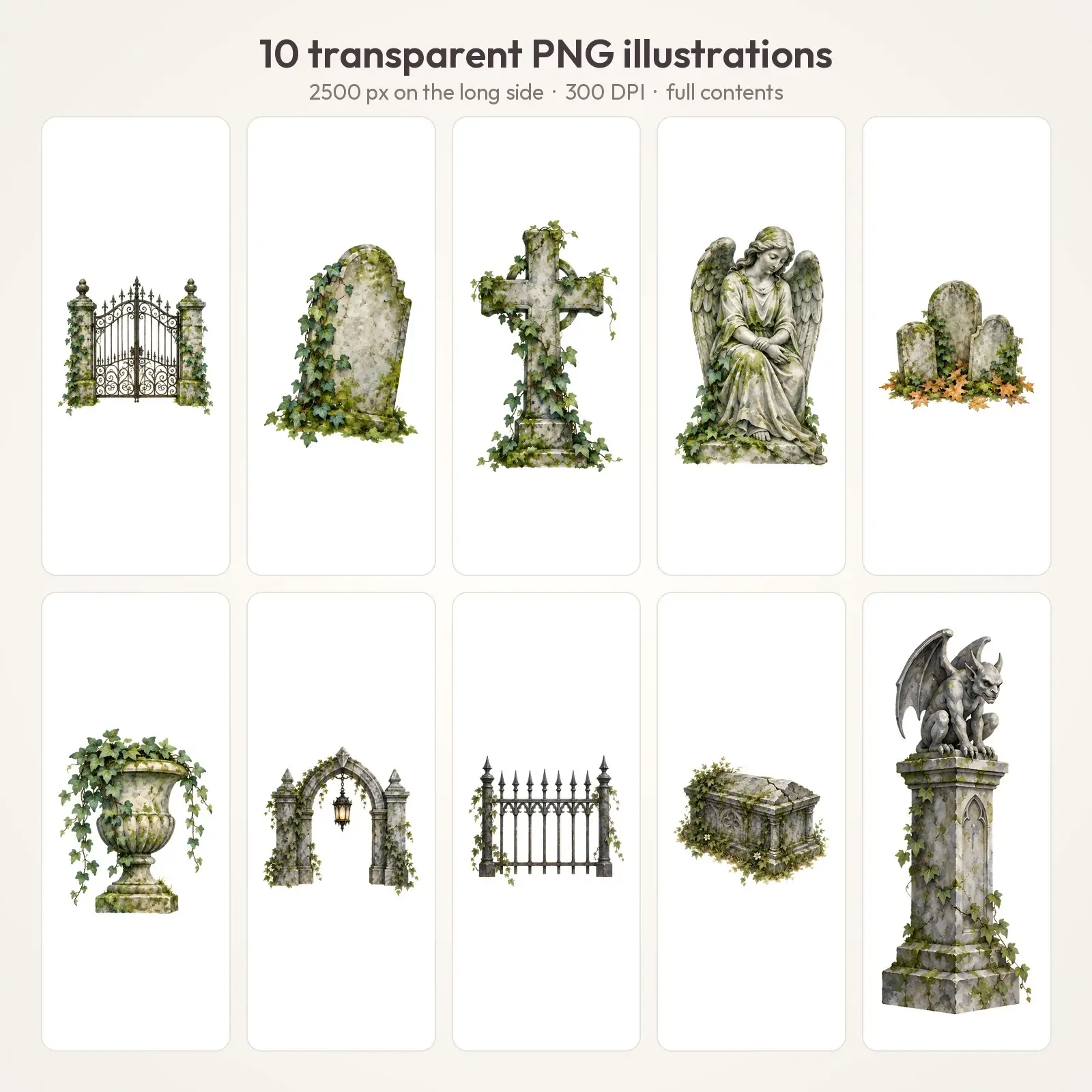 Graveyard Gates and Old Stones Clip Art – 10 Watercolor Halloween PNGs, preview 2 of 4