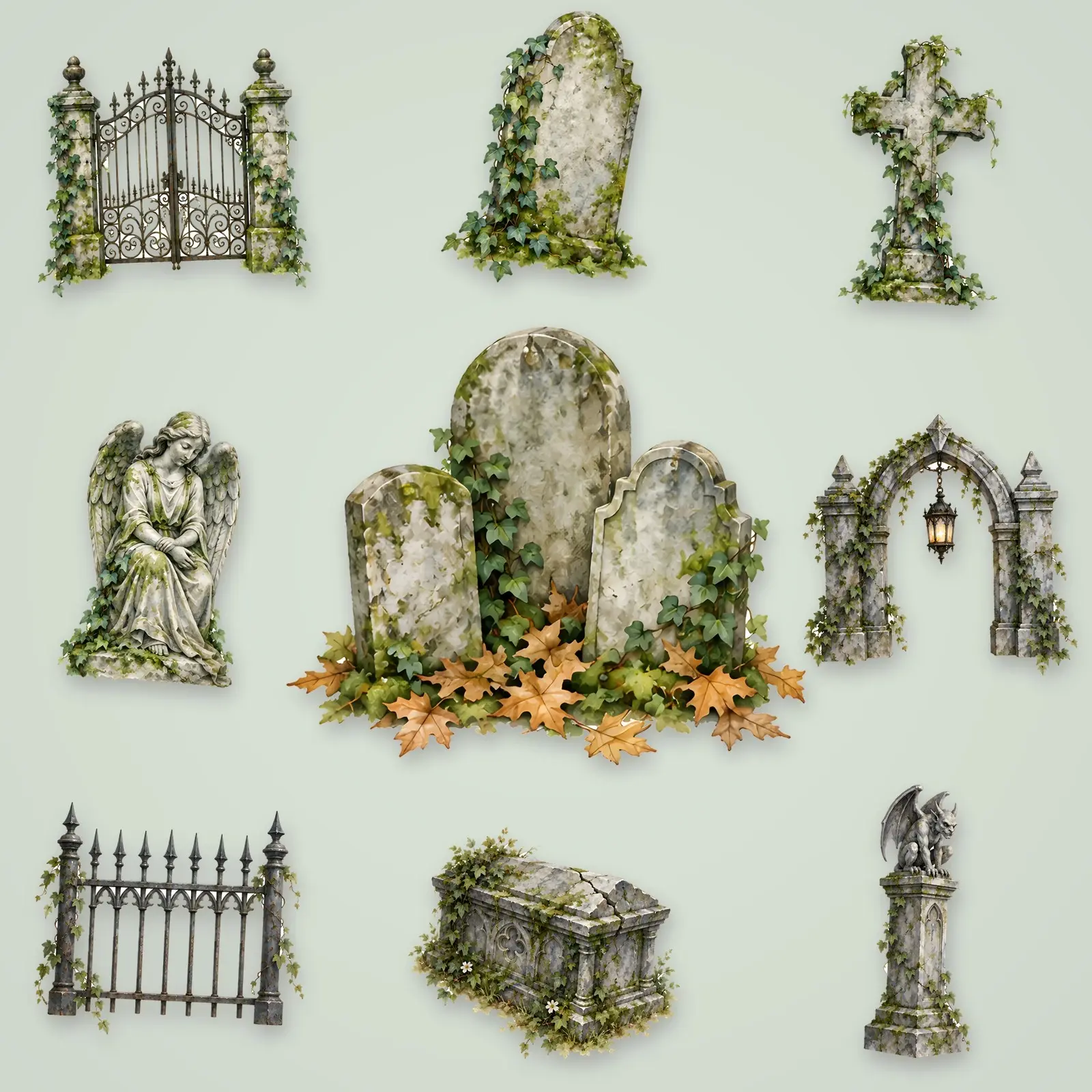 Graveyard Gates and Old Stones Clip Art – 10 Watercolor Halloween PNGs, preview 1 of 4