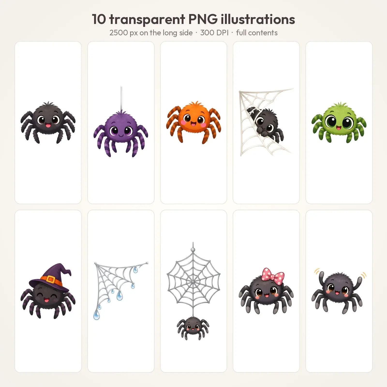Cute Spiders and Webs Clip Art – 10 Flat Friendly Spider PNGs, preview 2 of 4