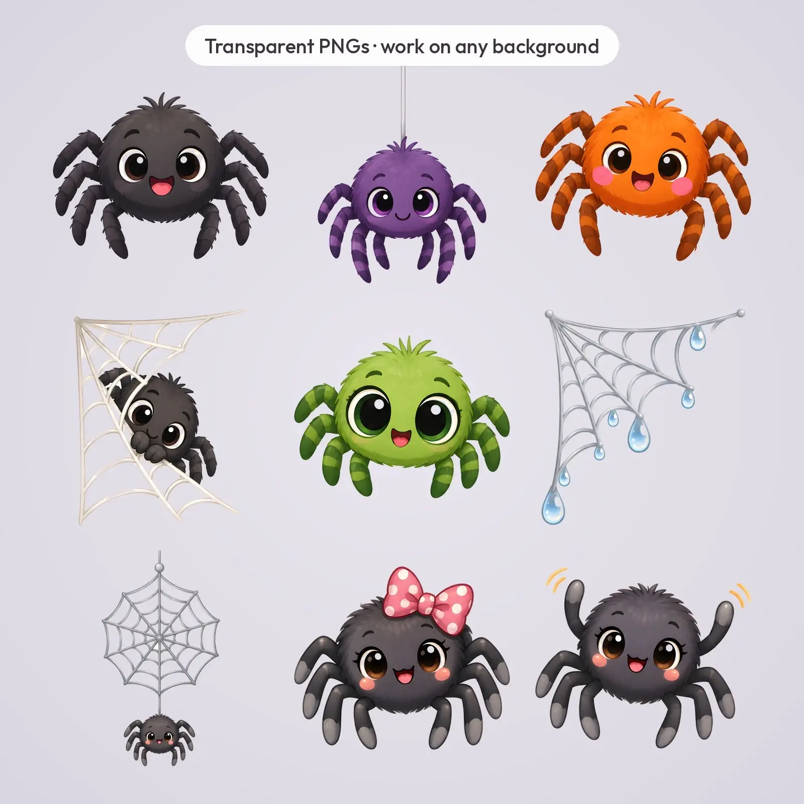 Cute Spiders and Webs Clip Art – 10 Flat Friendly Spider PNGs, preview 4 of 4