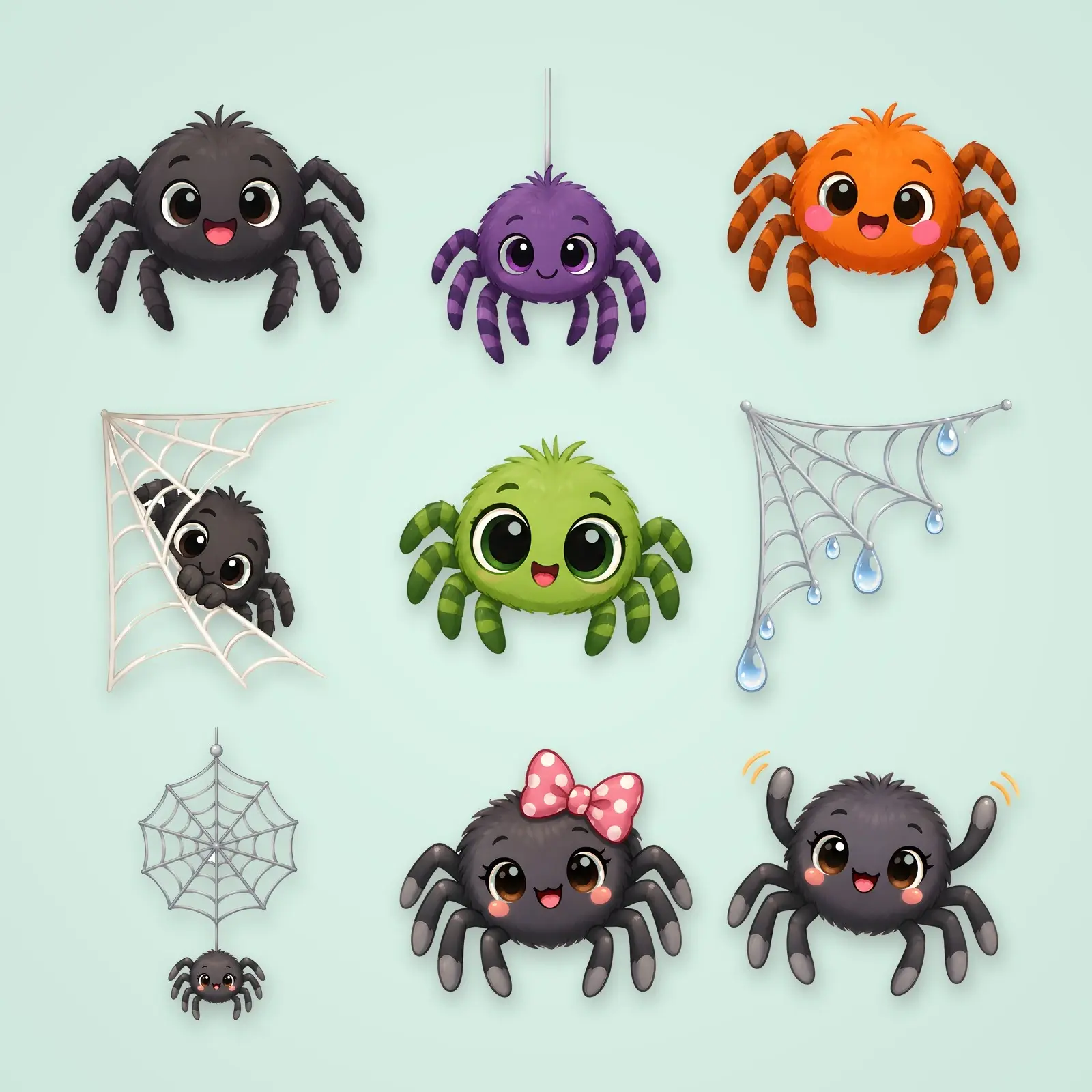 Cute Spiders and Webs Clip Art – 10 Flat Friendly Spider PNGs, preview 1 of 4