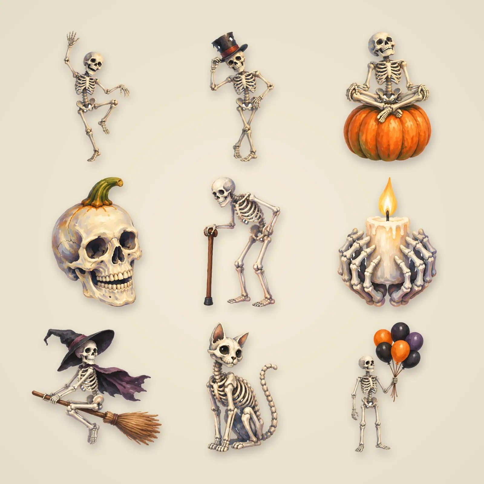 Friendly Dancing Skeletons Clip Art – 12 Gouache Halloween PNGs preview