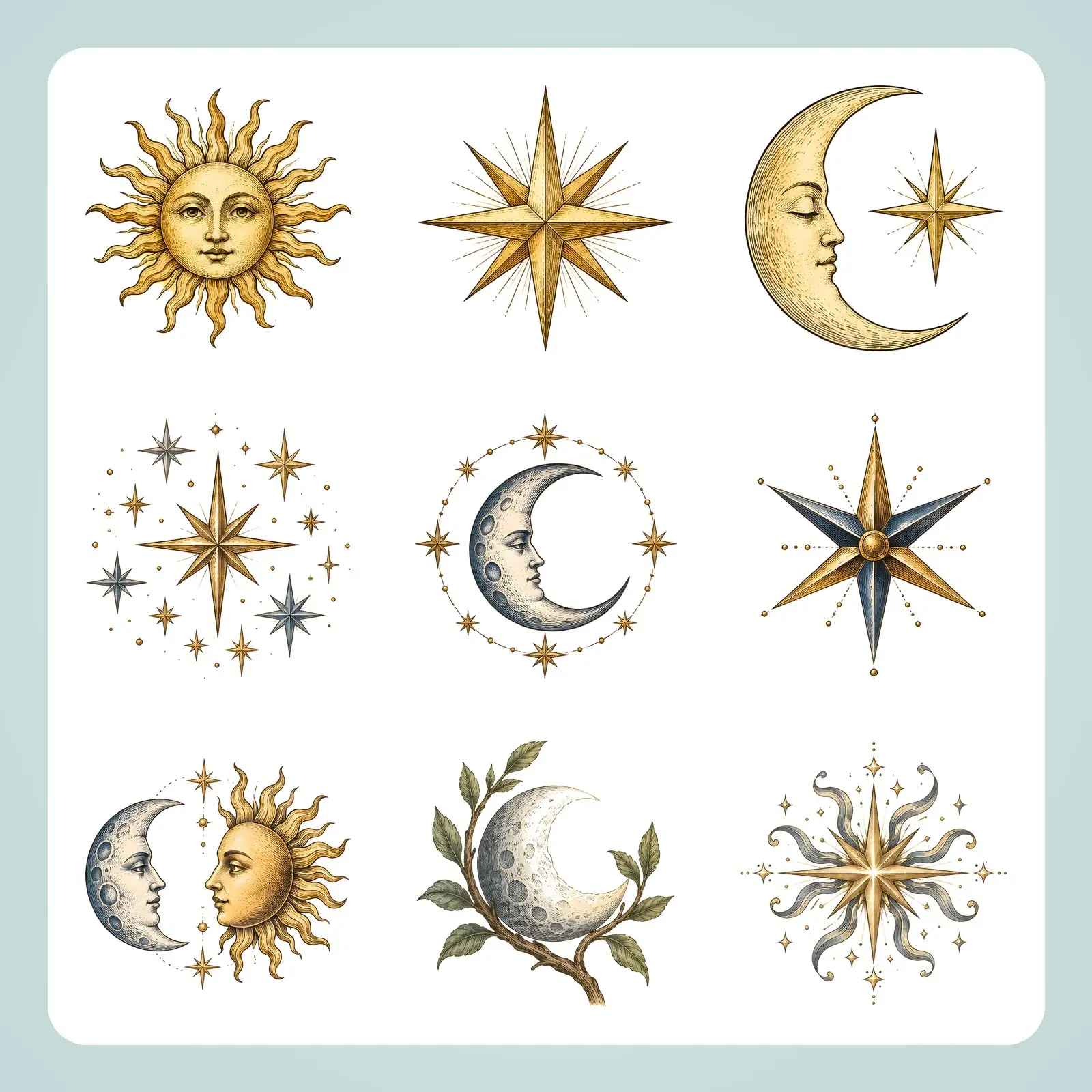 Celestial Sun, Moon and Stars Clip Art – 16 Vintage Engraved Symbols preview