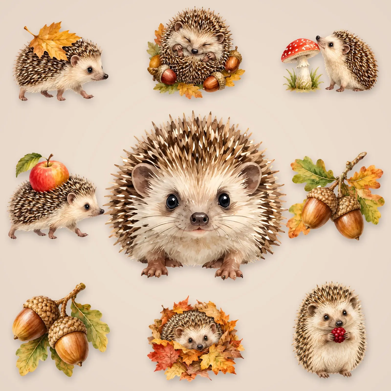 Hedgehogs and Acorns Clip Art – 10 Watercolor Woodland PNGs preview