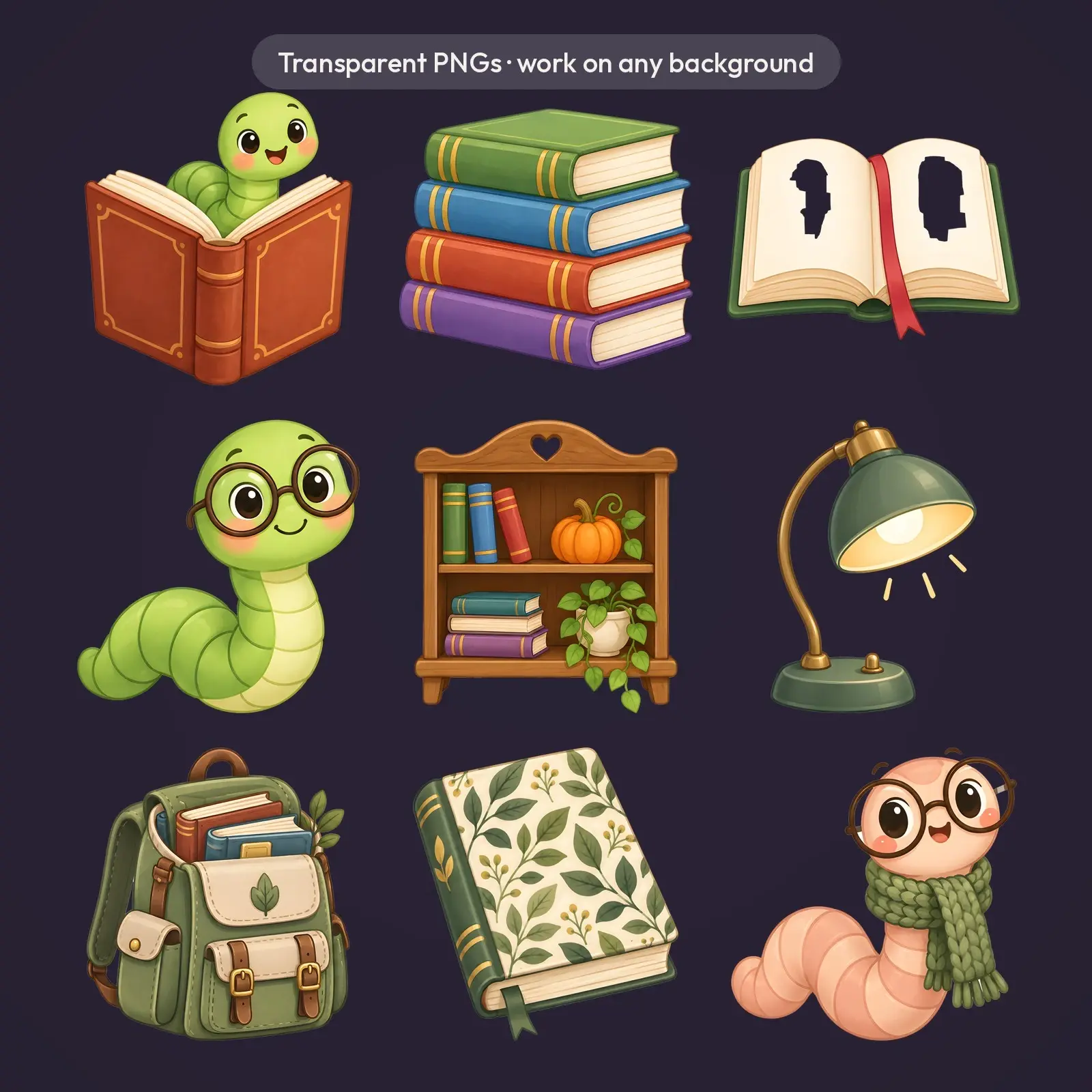 Bookworms and Library Corner Clip Art – 10 Flat Cute Reading Illustrations, preview 4 of 4