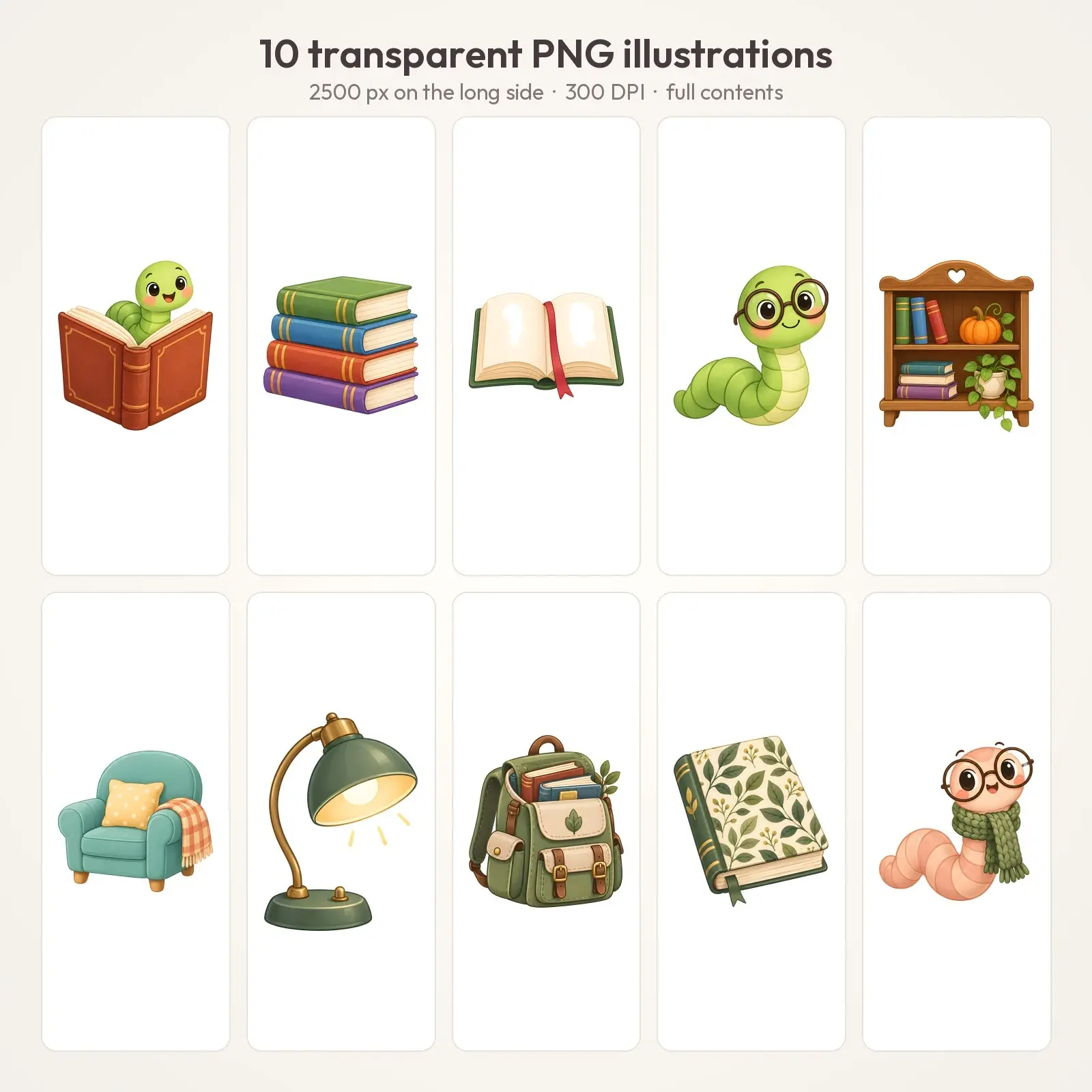 Bookworms and Library Corner Clip Art – 10 Flat Cute Reading Illustrations, preview 2 of 4