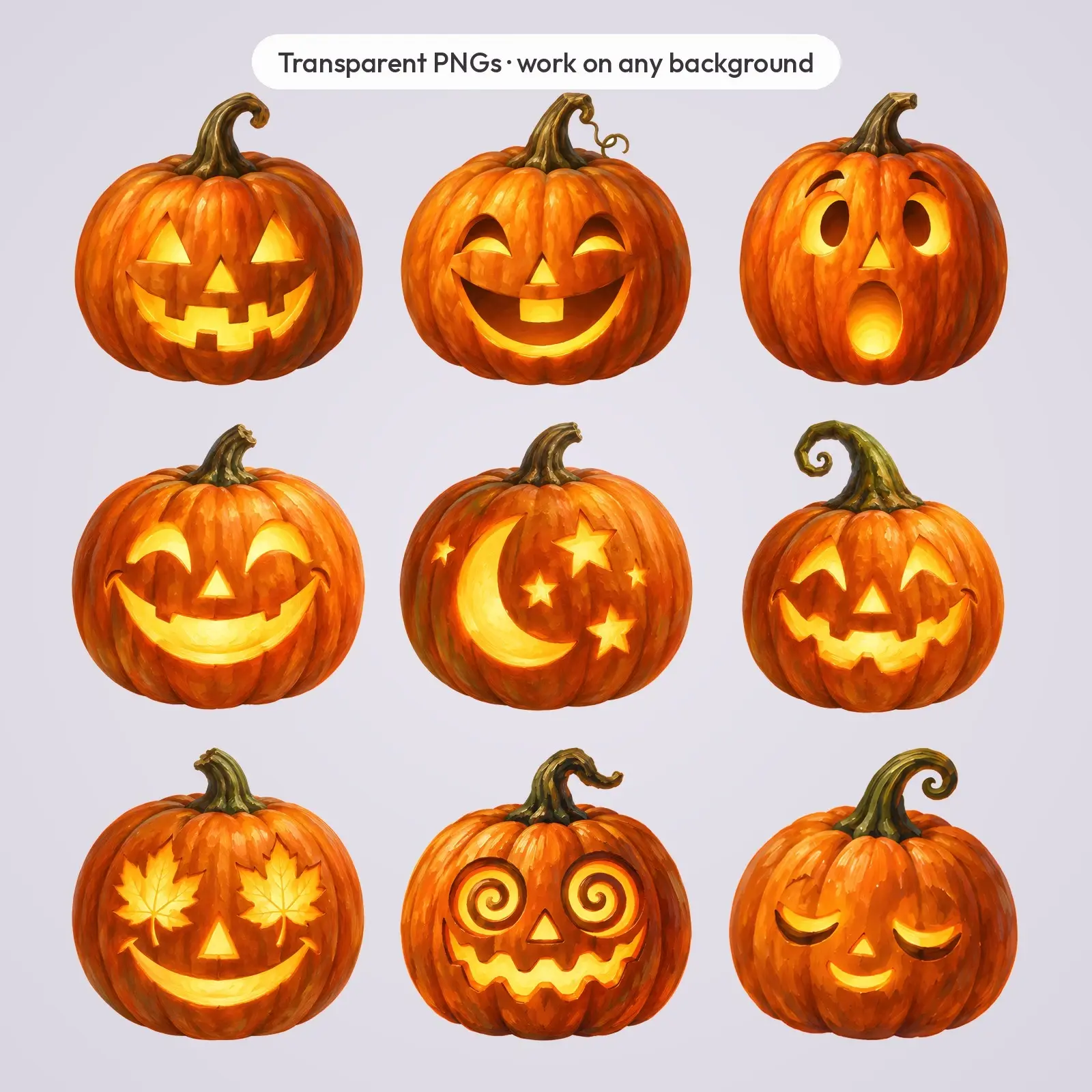 Carved Jack-o'-Lanterns Clip Art – 16 Vintage Oil Painted Pumpkins, preview 4 of 4