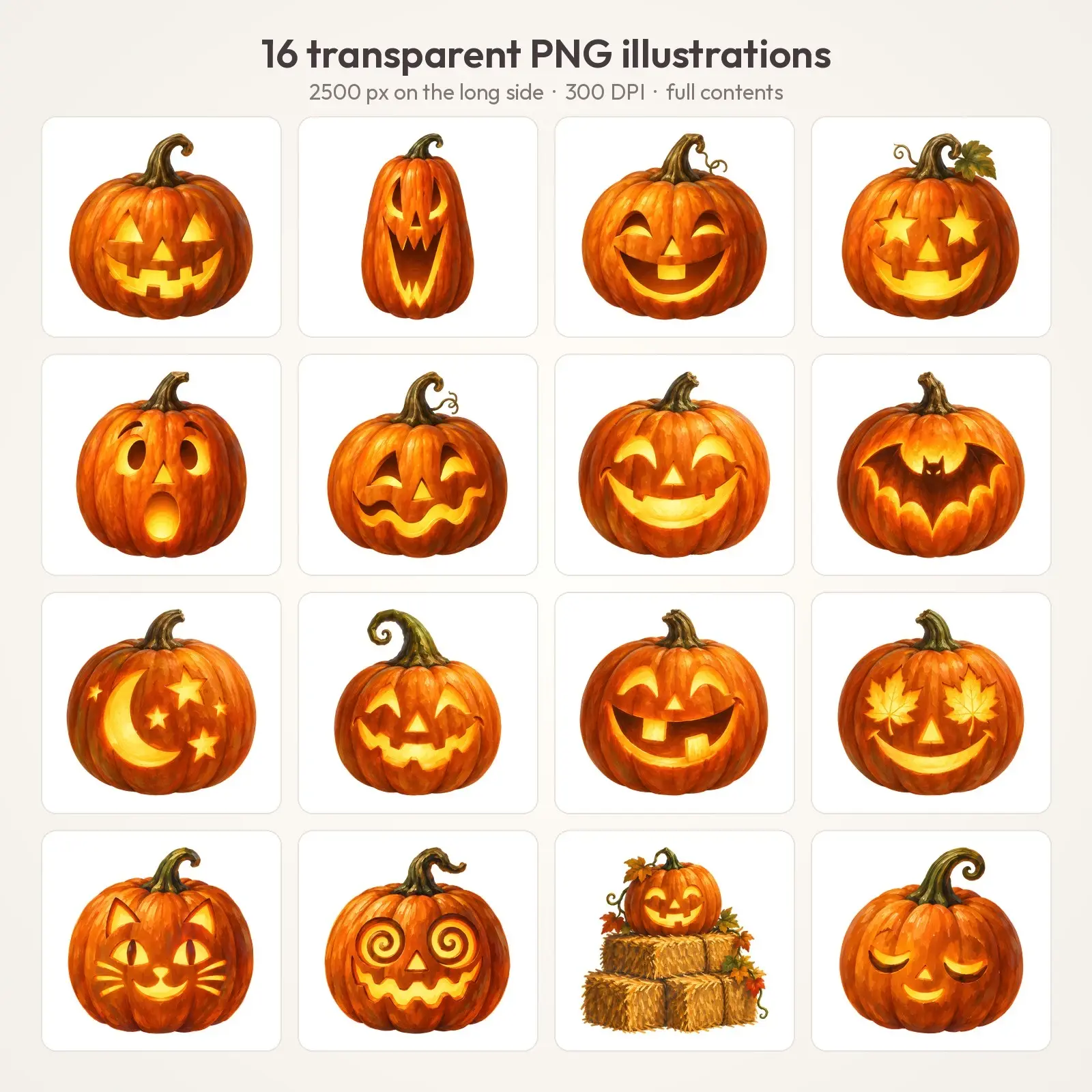 Carved Jack-o'-Lanterns Clip Art – 16 Vintage Oil Painted Pumpkins, preview 2 of 4