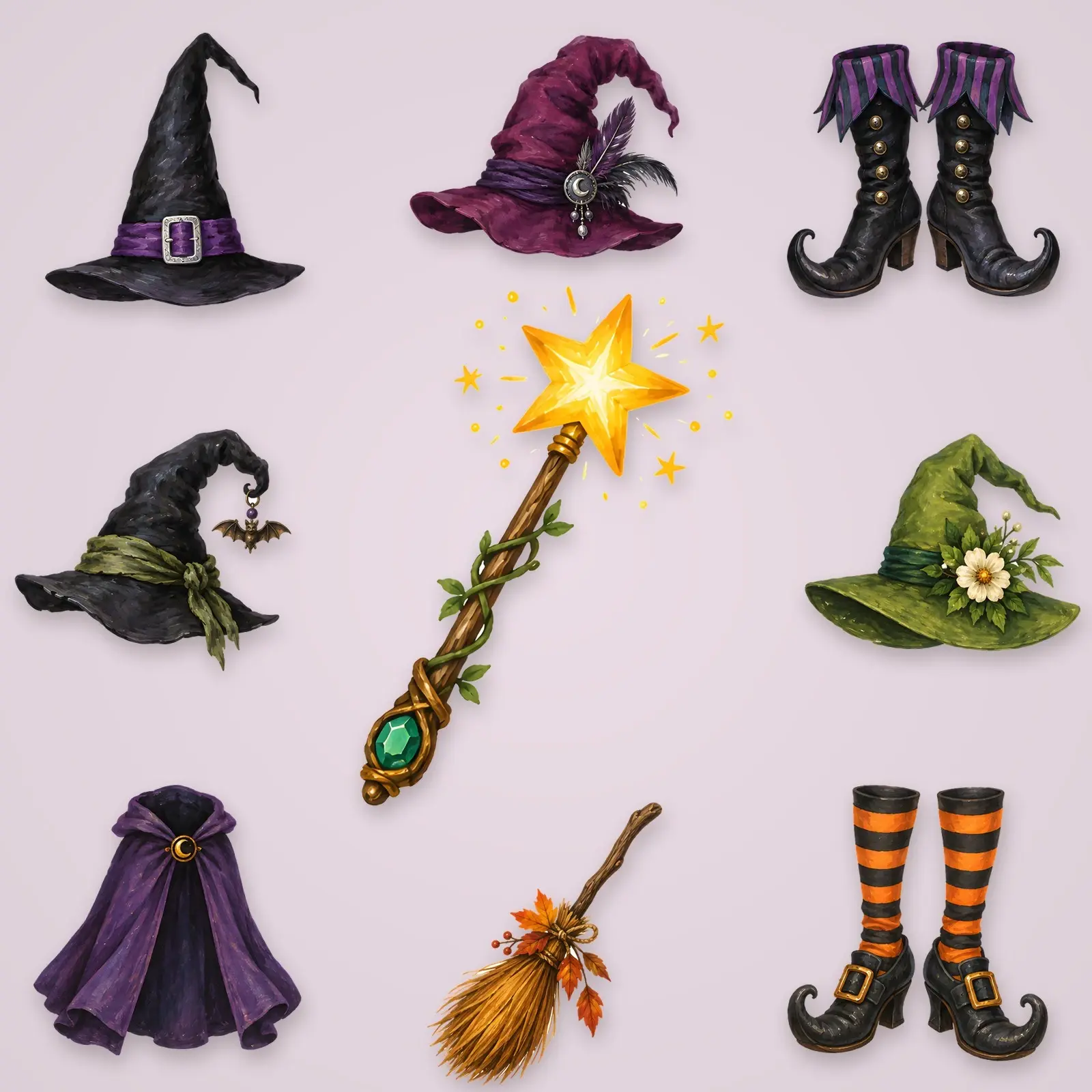 Witch Hats and Brooms Clip Art – 12 Gouache Witch Essentials preview