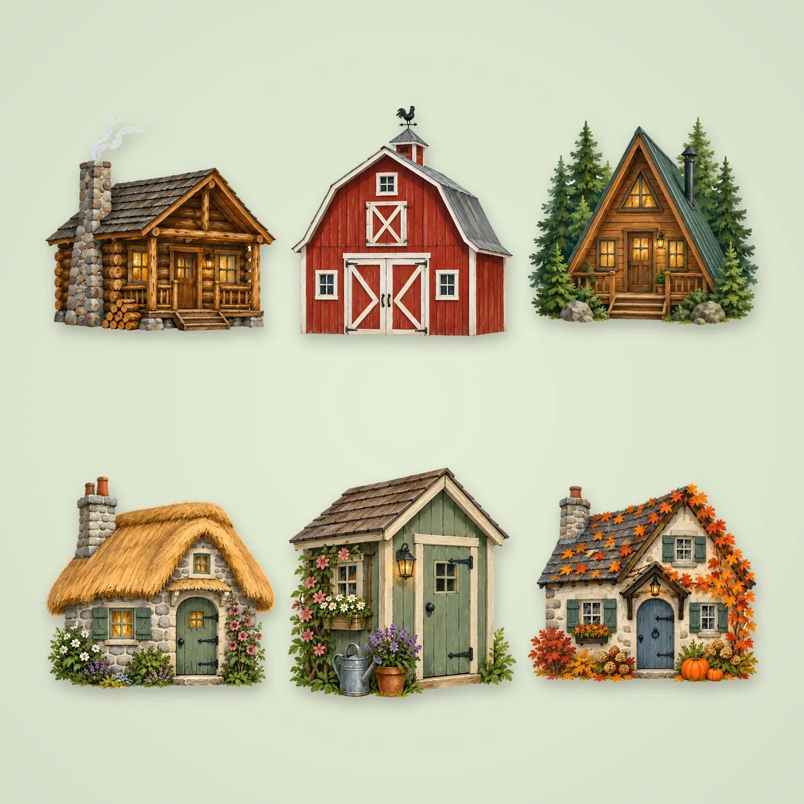 Cabin in the Woods Clip Art – 8 Gouache Cozy Cabins and Cottages preview