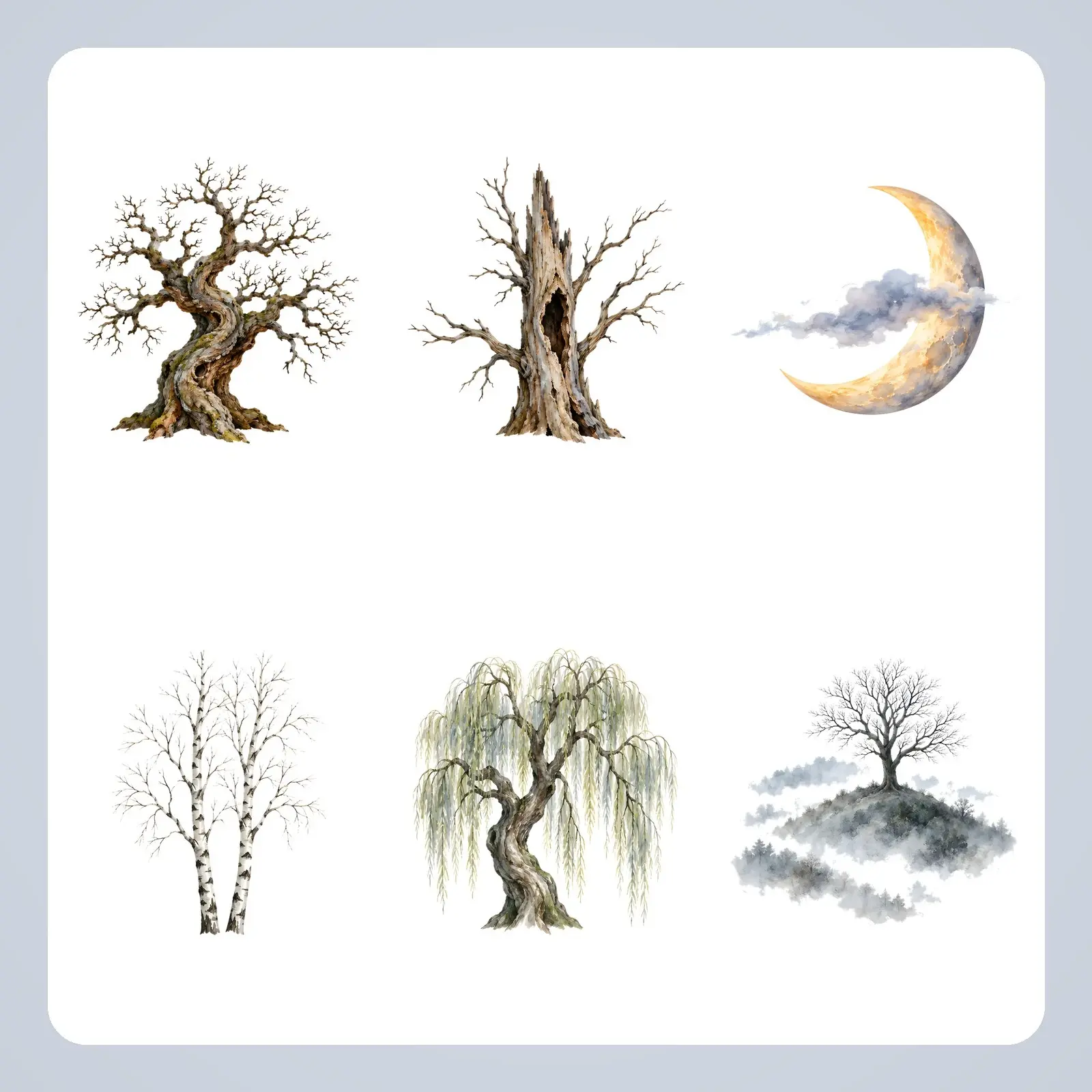 Bare Trees and Moonrise Clip Art – 8 Watercolor Spooky Forest PNGs preview