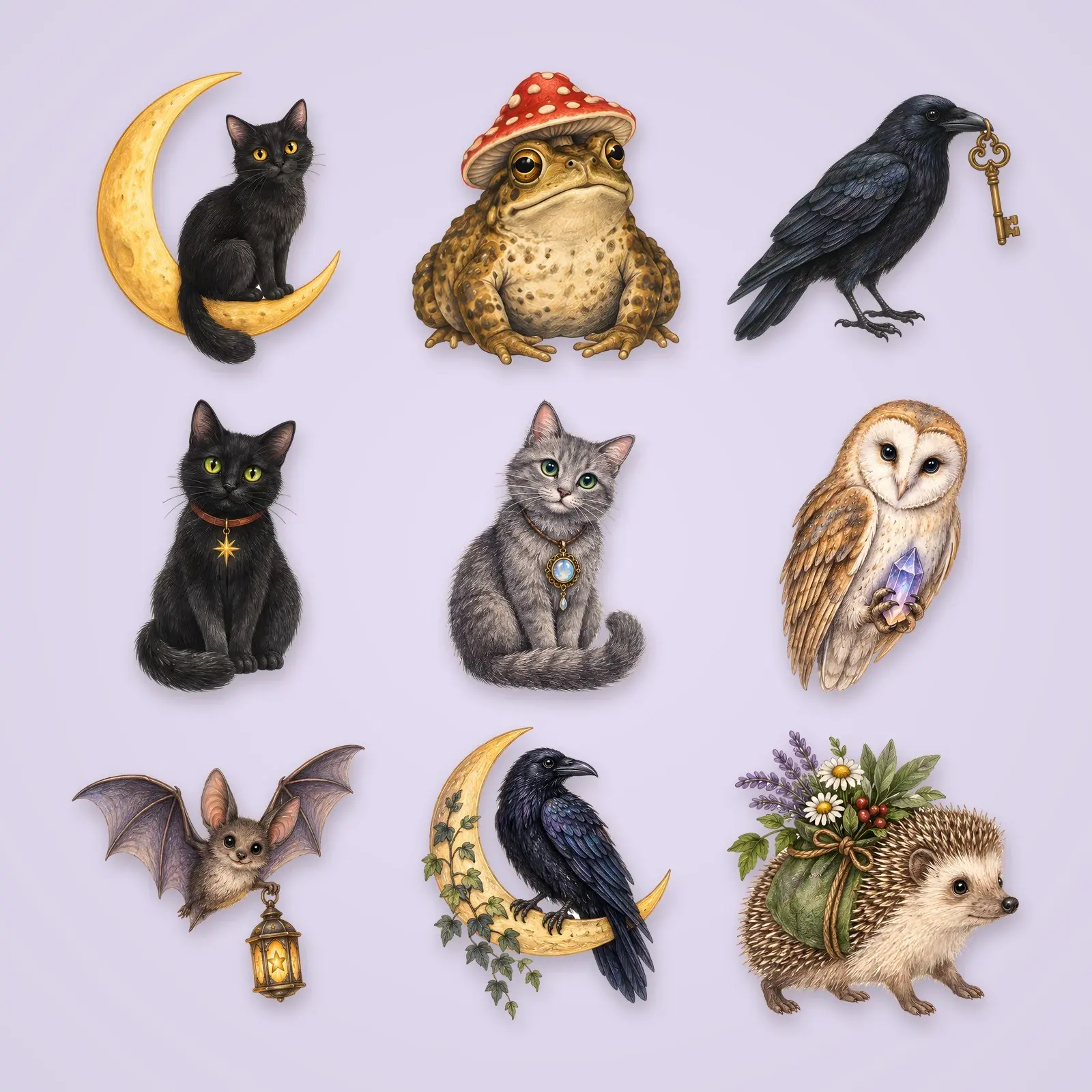 Mystic Cats and Familiars Clip Art – 12 Colored Pencil Witchy Animals preview