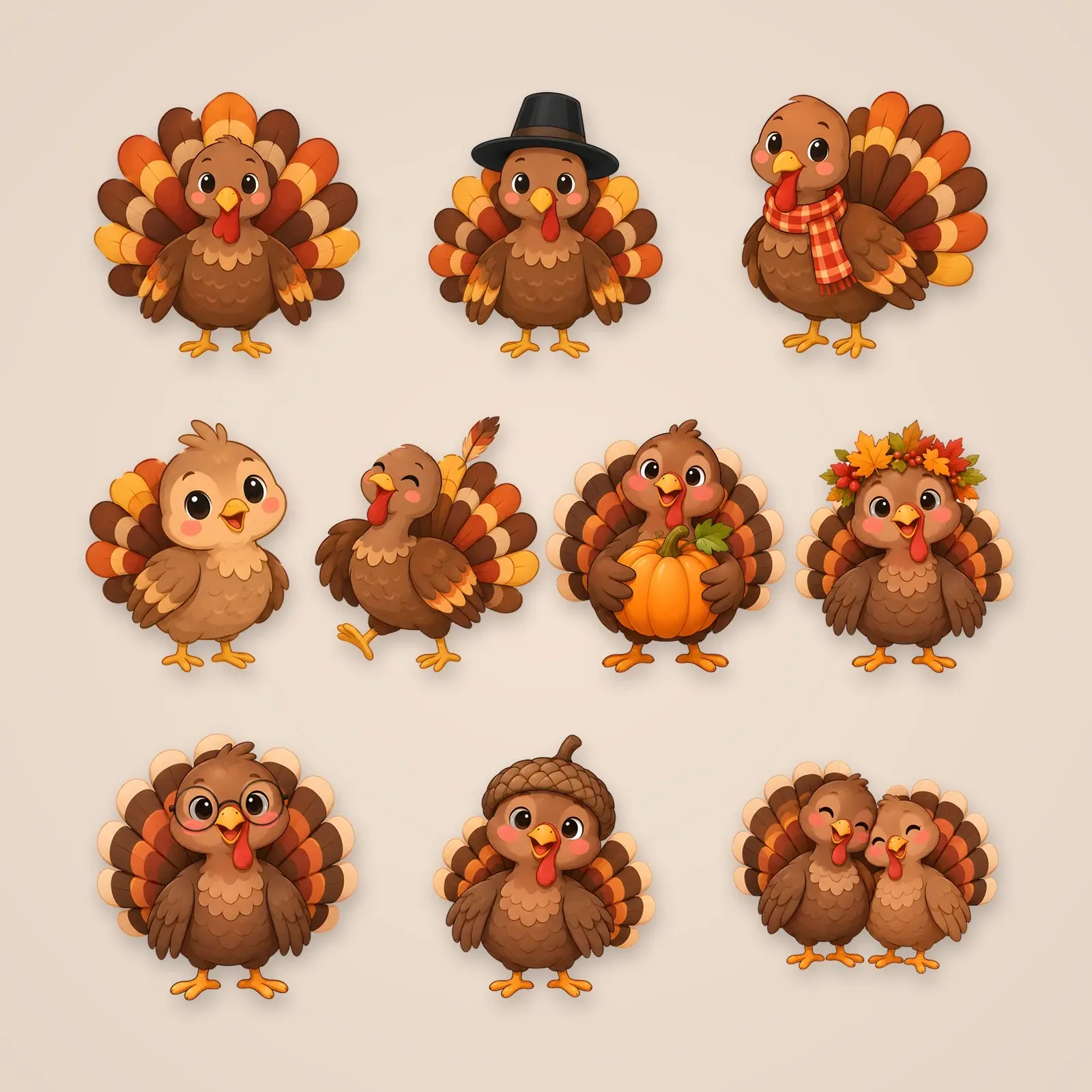 Thanksgiving Turkeys Clip Art – 12 Flat Cute Fall Gobblers preview