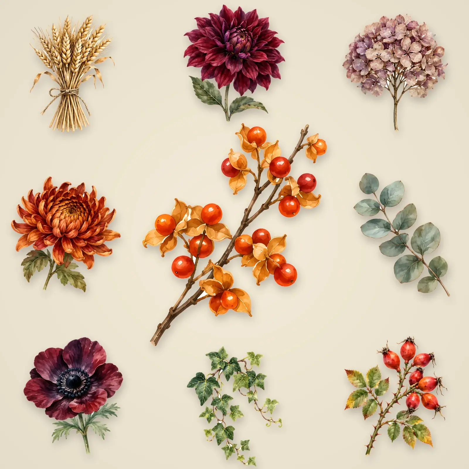 Gothic Harvest Florals Clip Art – 16 Moody Watercolor Botanicals preview