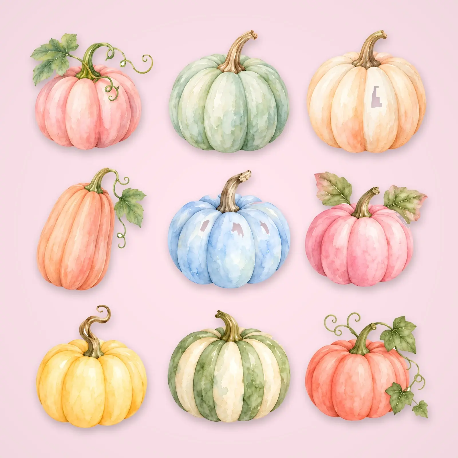 Pastel Pumpkin Patch Clip Art – 12 Watercolor Pumpkins in Soft Colors preview