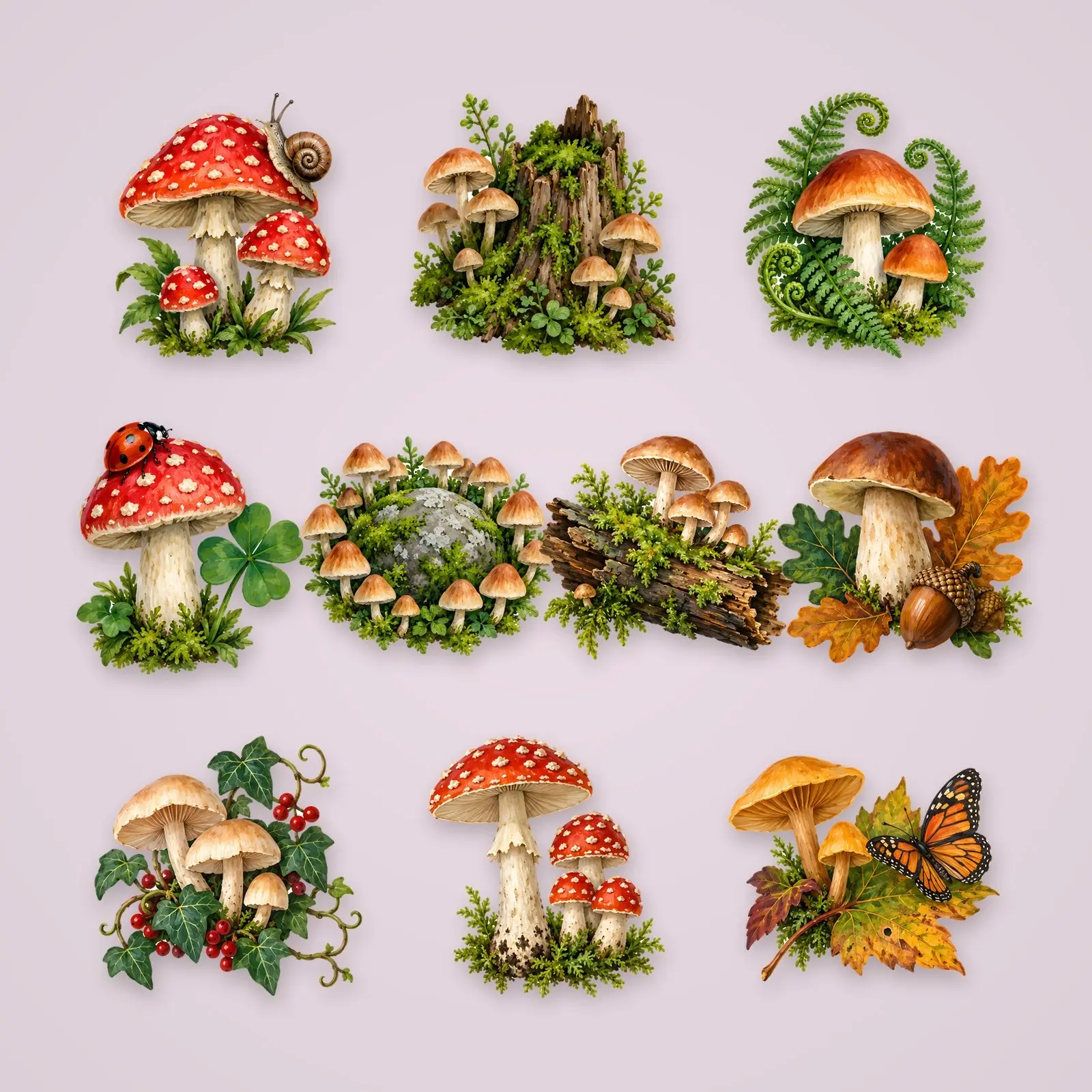 Toadstool Fairy Scenes Clip Art – 12 Gouache Mushroom Compositions preview