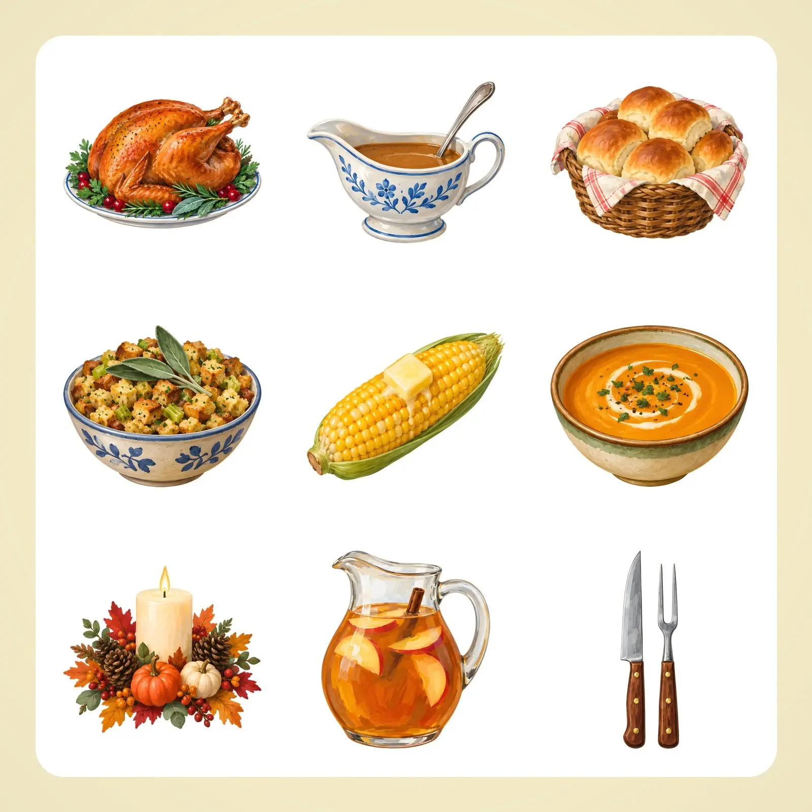 Friendsgiving Table Clip Art – 16 Gouache Dishes, Plates and Fall Feast PNGs preview