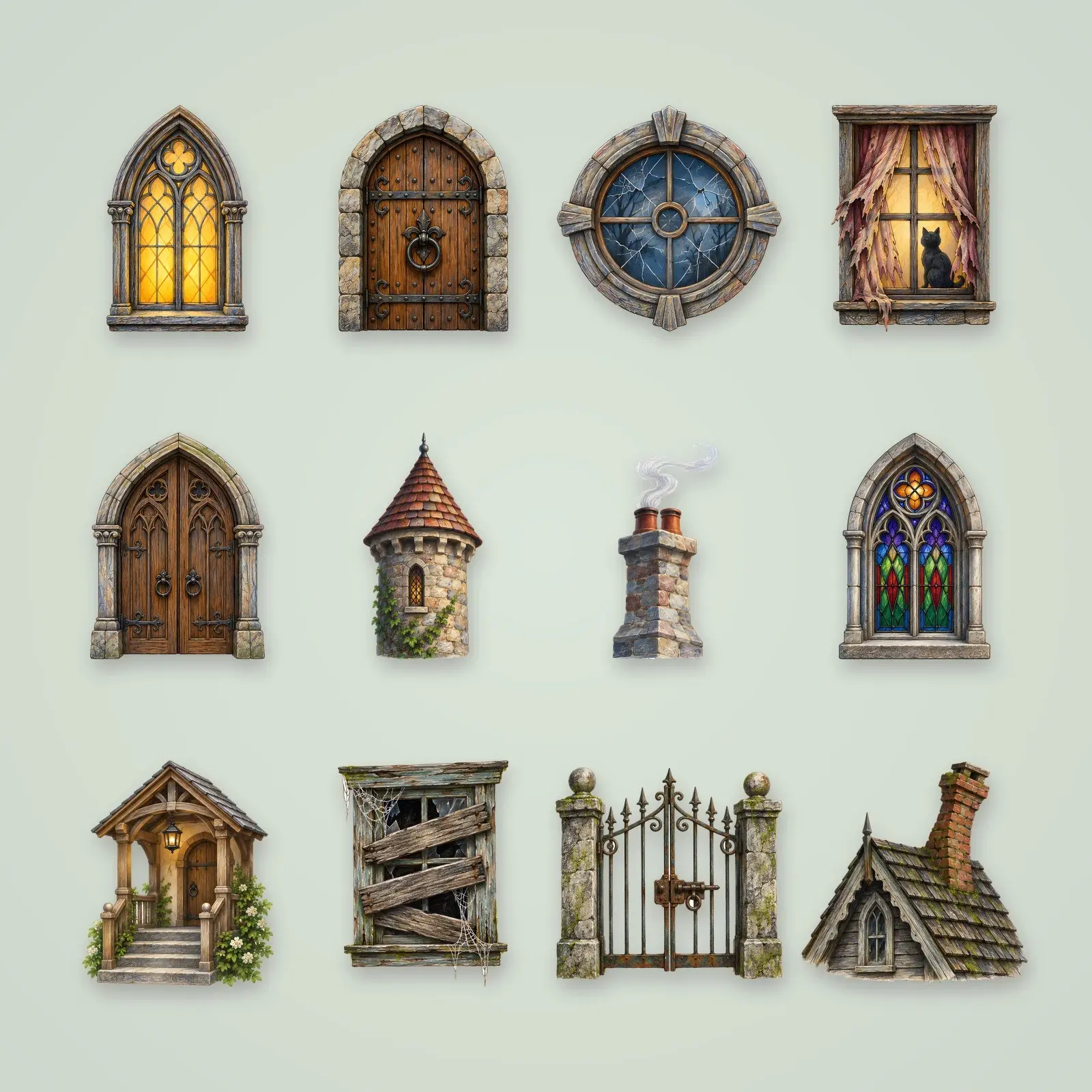 Haunted Mansion Doors and Windows Clip Art – 14 Colored Pencil PNGs preview