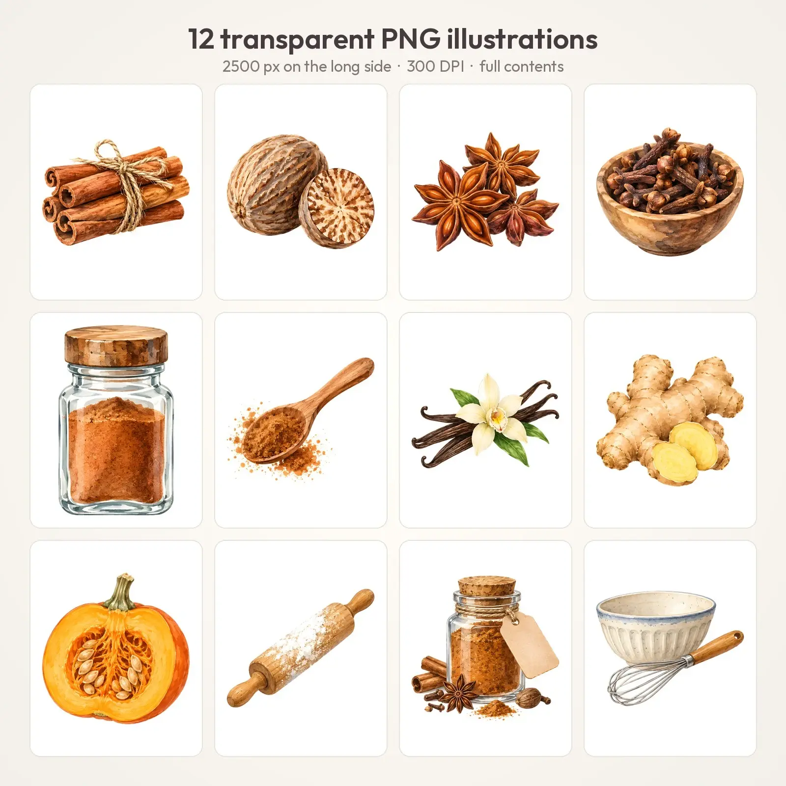 Pumpkin Spice Kitchen Clip Art – 12 Watercolor Spice Jars and Baking PNGs, preview 2 of 4